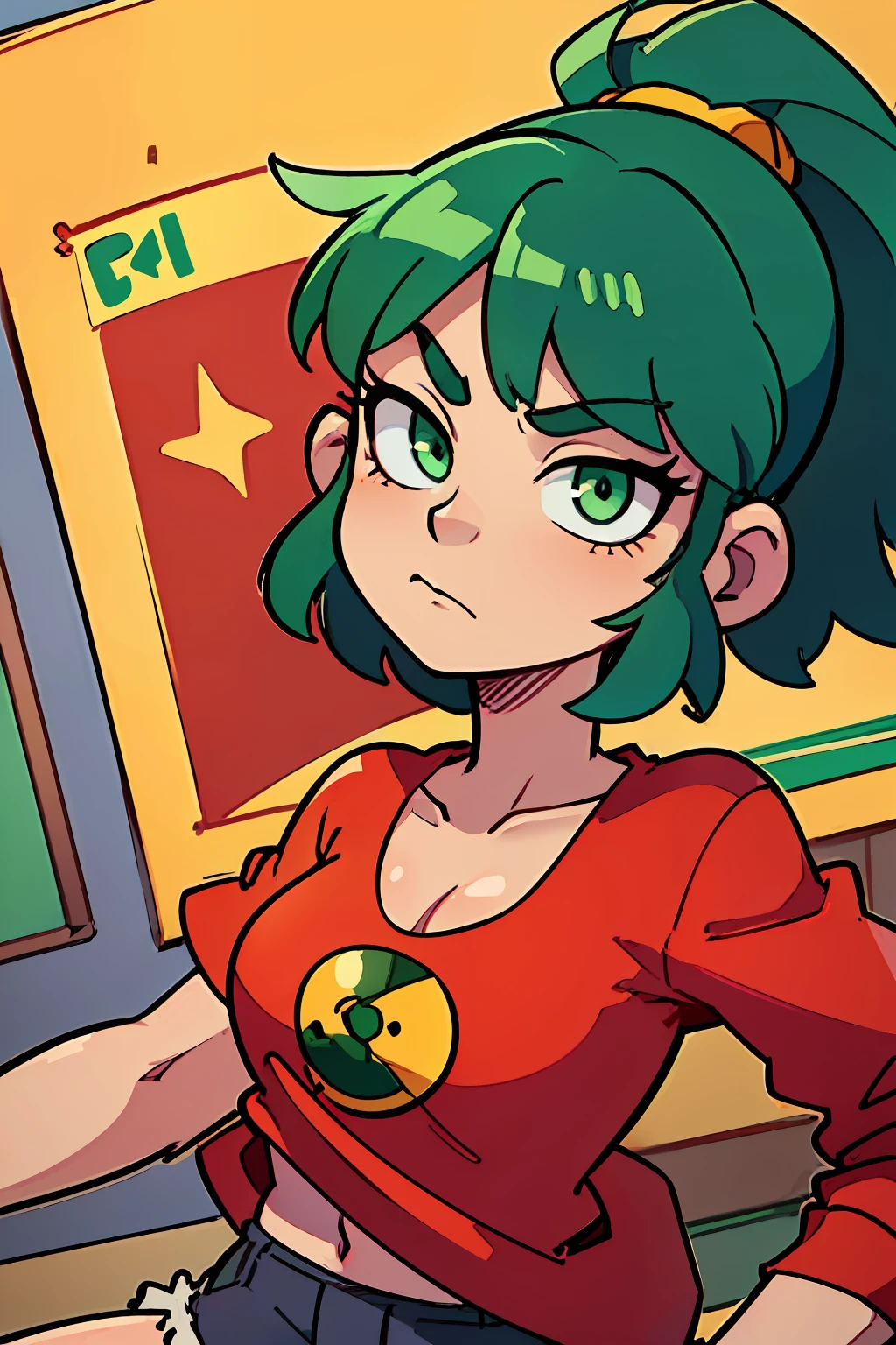 masterpiece, high quality, (anime), best quality, 1girl, very detailed eyes and face, loose red shirt, dynamic light, ((POV)), ponytail hair, (background: classroom), (((green eyes))), dark hair, ((((red shirt)))), ((yellow logo)), denim shorts, aquamarine shorts, black hair, yellow bun, ((long short))), (gray tights), dark black hair, ((flat chest)), ( years),  small figure, small thighs, (G logo), large size shirt, thin body, ((ponytail hair)), ((dynamic background)), dark greenish hair, ((look down)), ((cringe)), ((beutiful closed eyes)), (((close up))), (((head tilt)),