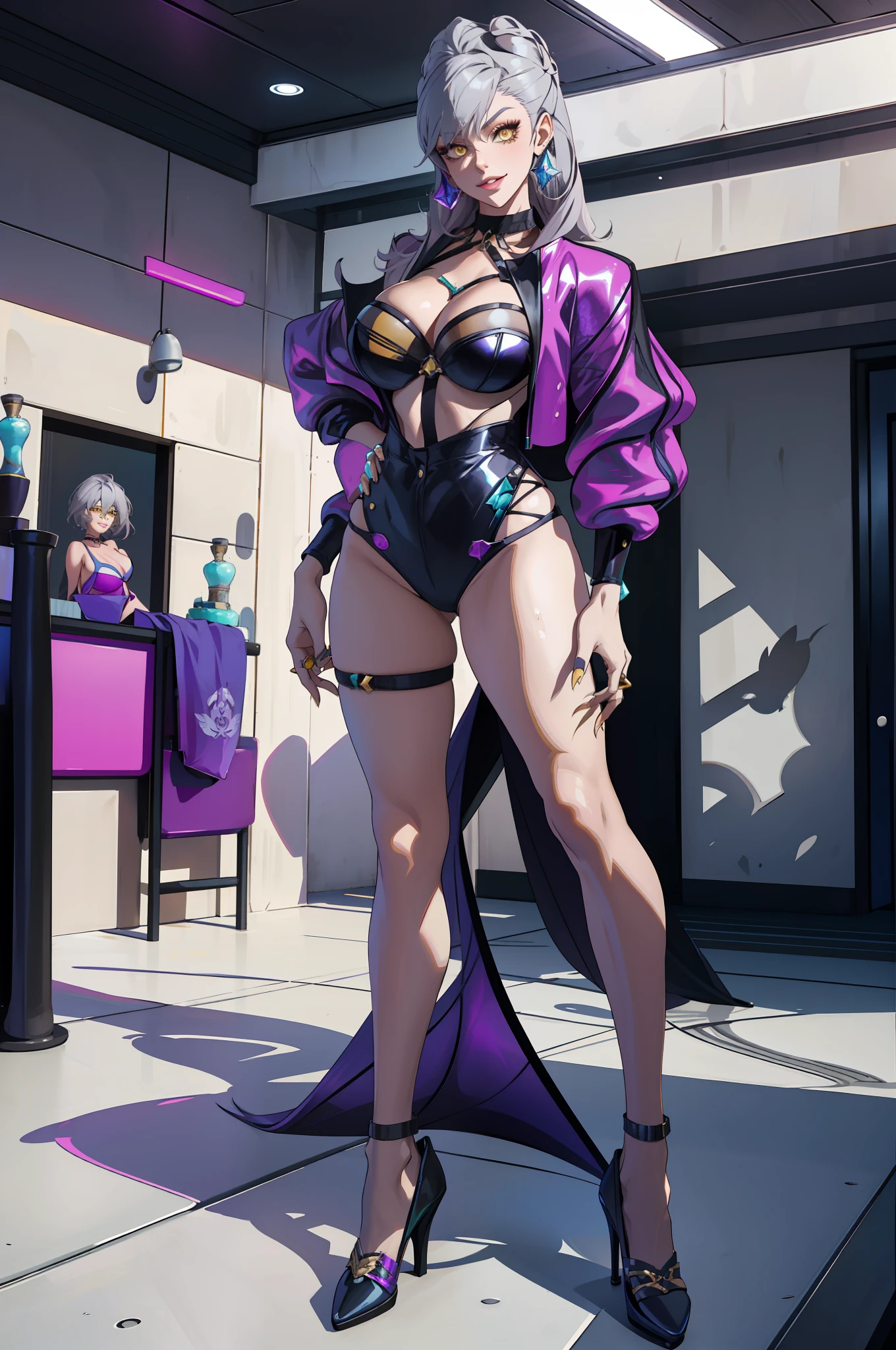 masterpiece, best quality, highres, evelynn1, 1girl, solo, grey hair, k/da \(league of legends\), stylish hair, yellow eyes, large breasts, poolside, micro bikini, high heels, smile, standing and bending over