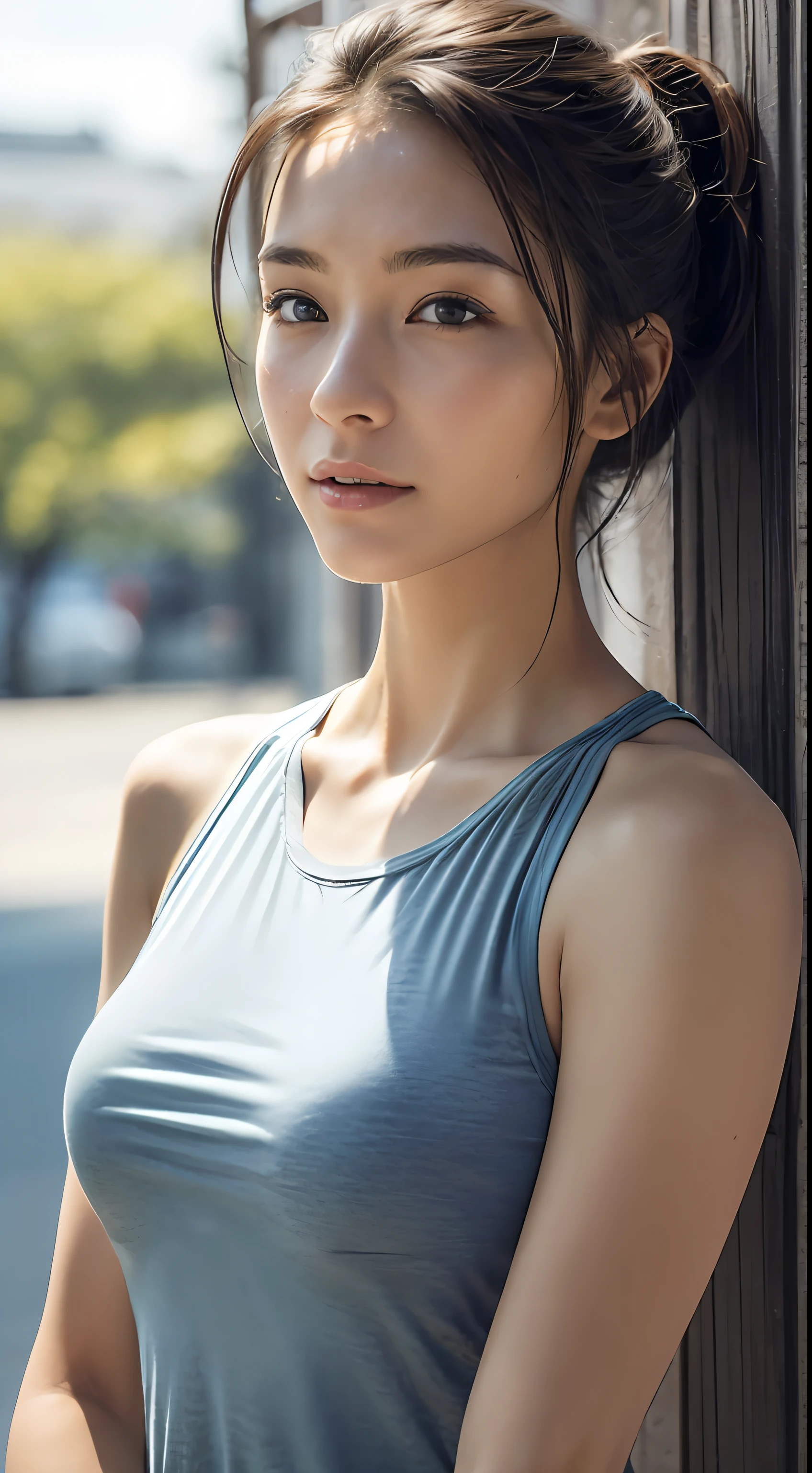 Fitness attire, (Photo fidelity:1.4), (Ultra Photo:1.4), (Photorealistic:1.3), (Smoother lighting:1.05), (Improve movie lighting quality:0.9), 32K, 1 girl,20yo girl, Realistic lighting, Backlight, Light on face, Ray tracing, (Brightened light: 1.2), (Improved quality: 1.4), (Best quality real texture skin: 1.4), Delicate eyes, Fine and detailed face, Fine eyes, (tiredness sleepiness and satisfaction: 0.0), face close-up, T-shirt, (increase body line mood: 1.1), (increase skin texture: 1.1)
