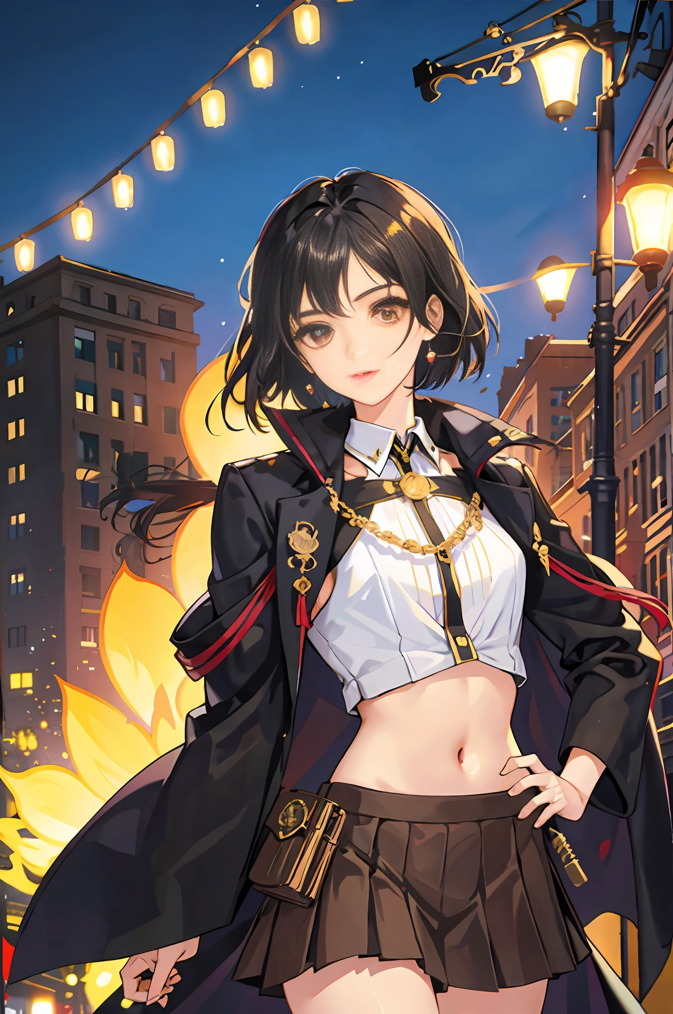 cute young Woman,(half body shot), short black Hair, Brown Eyes, Empress,pleated skirt suit,street lamps,neons,bustling street background,(navel,princess eyes), Nobility, Royalty, High Quality, Masterpiece, Highly Detailed