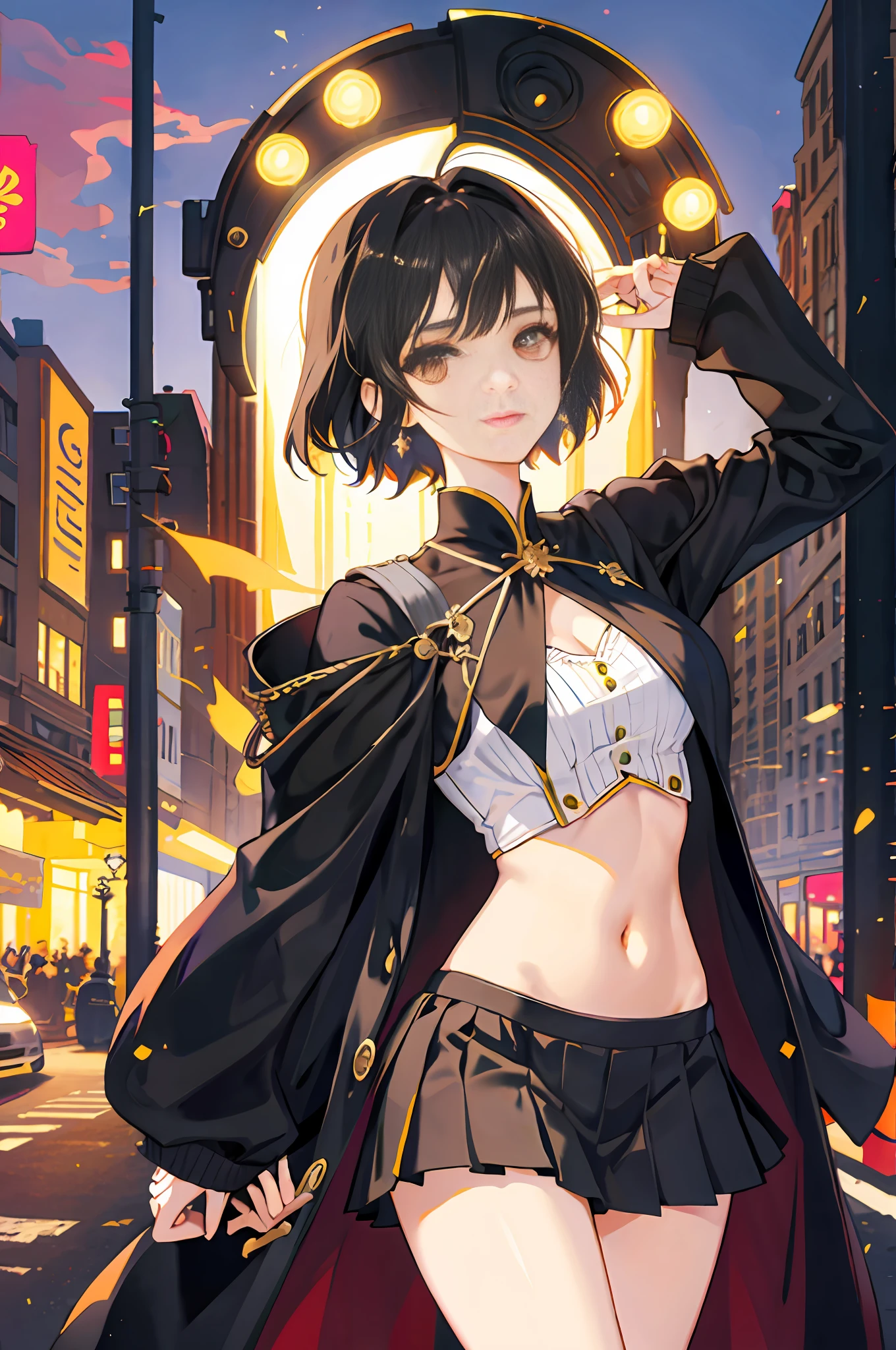 cute young Woman,(half body shot), short black Hair, Brown Eyes, Empress,pleated skirt suit,street lamps,neons,bustling street background,(navel,princess eyes), Nobility, Royalty, High Quality, Masterpiece, Highly Detailed