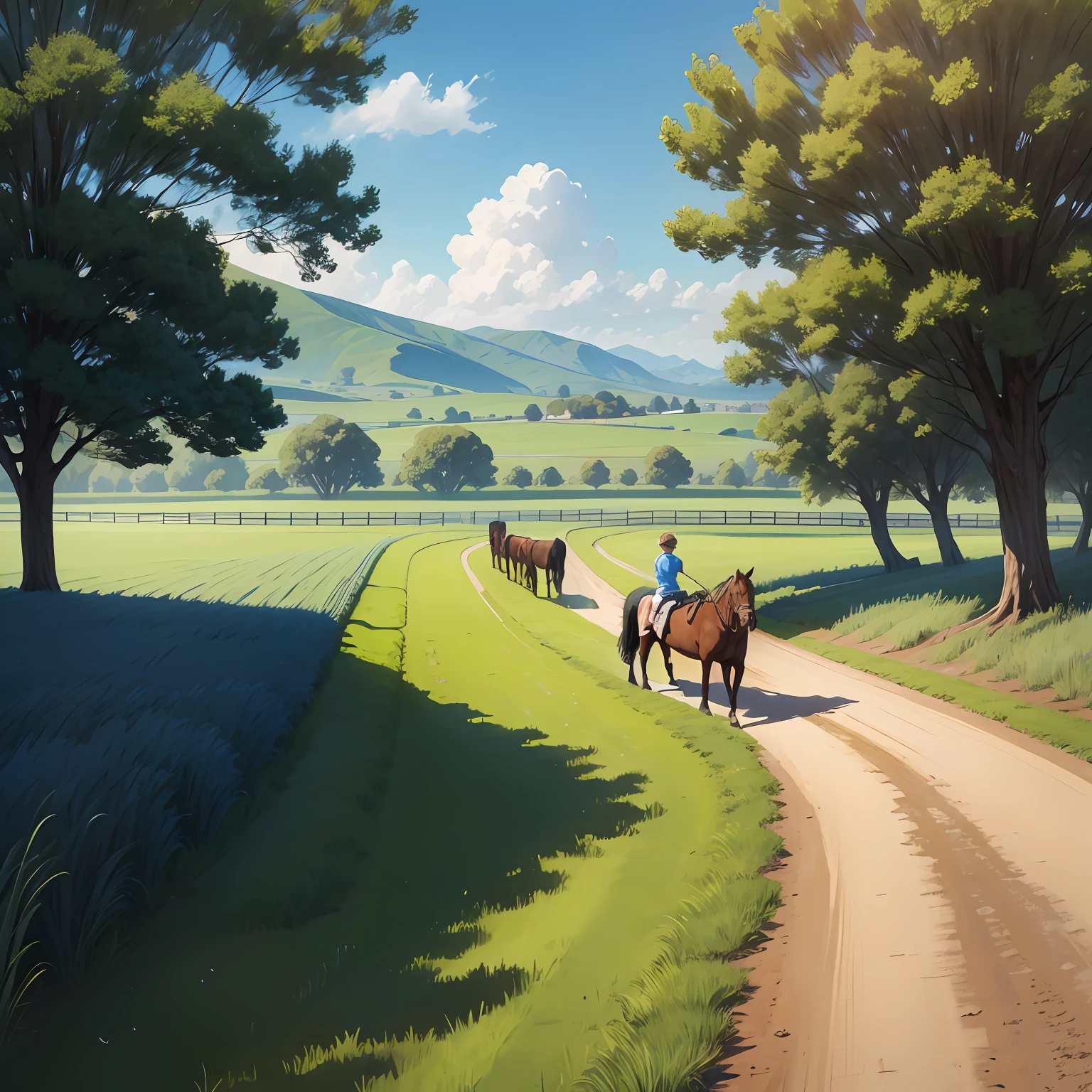 Rural landscape, real, retina screen, vast grassland, blue sky, many horses running, a boy looking at the back --auto --s2
