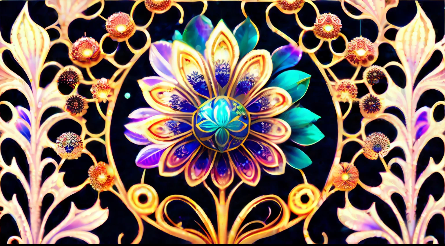 mechanical android flower by, earnst haeckel, james jean. generative art, baroque, intricate patterns, fractalism, movie still, photorealistic, vibrant peacock feathers, intricate, elegant, highly detailed, digital painting, artstation, smooth, sharp focus, illustration, outrun, vaporware