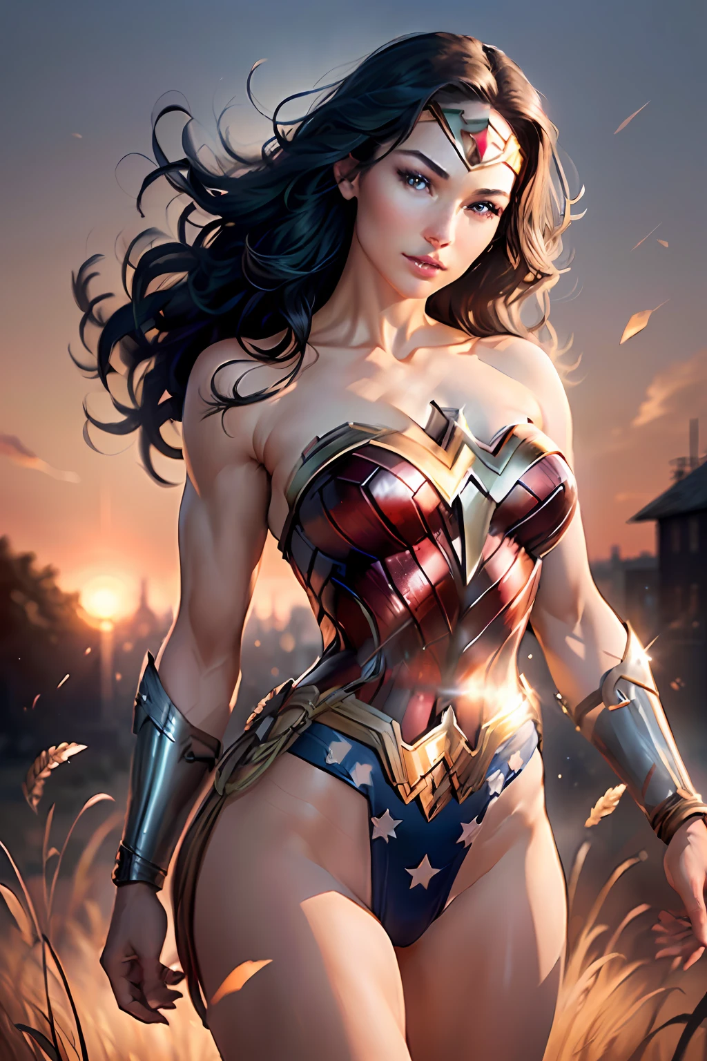 1woman, Wonder Woman, (delicate detail, makeup), (delicate and beautiful delicate face, delicate and beautiful delicate eyes, perfectly proportioned face), (delicate and radiant skin: 1.2), delicate skin, strong and realistic blue eyes, realistic black hair, lips, makeup, natural skin texture, tiara, jewelry, star \(symbol\), leotard, bulletproof gauntlets, red boots, golden girdle, (public clothing: 1.5), bare shoulders, slightly sunburned complexion, mature, sexy,  elastic muscles, (muscles:1.2), ((stronger, healthy body)), ((((more) muscles))), long legs, curves, (big breasts: 1.3), thin waist, soft waist, (delicate skin), (beautiful and sexy woman), (swollen lips: 0.9), very delicate muscles, standing, high and long wheat fields, setting sun on the horizon of a field, (realistic: 1.5), realistic, octane rendering, surreal, (realistic face: 1.2), thick eyelashes, long lashes, (curly black hair):  1.1), top quality, half-smile, (looking at the viewer), clear focus, (4K), (masterpiece), (top quality), fantasy, very detailed, complex, very detailed, (perfect face), illustration, soft lighting, (reflective lighting: 1.4), blue eyes, absurdly realistic, ultra-high resolution, complex, ultra-detailed, (skin pressure), woman, detailed body, (detailed face: 1.1), (outlined iris), (search lens), (perfect eye), 4K, gorgeous, (masterpiece: 1.2), (highest quality: 1.2), wonder_woman_cosplay_outfit,