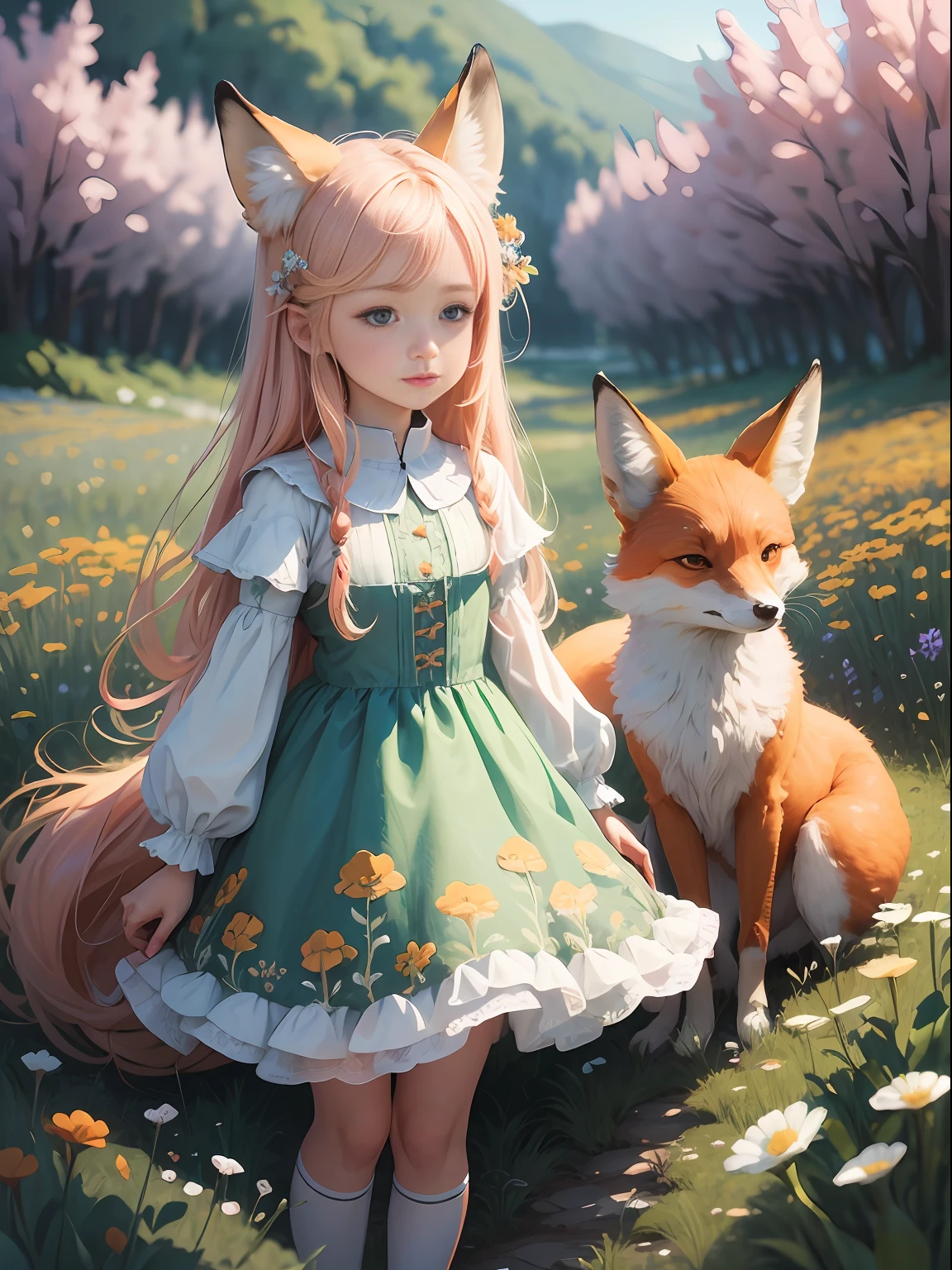 Illustration 3:1, flat style, embroidery, girl and fox in flower field, detailed graphics, pastel colors, light blue and orange, cute characters, cute chanterelle next to a beautiful girl, detailed plants in beautiful field, super clear resolution, 8k wallpaper, HD, more details, high quality, high detail, rich details, high score efficiency