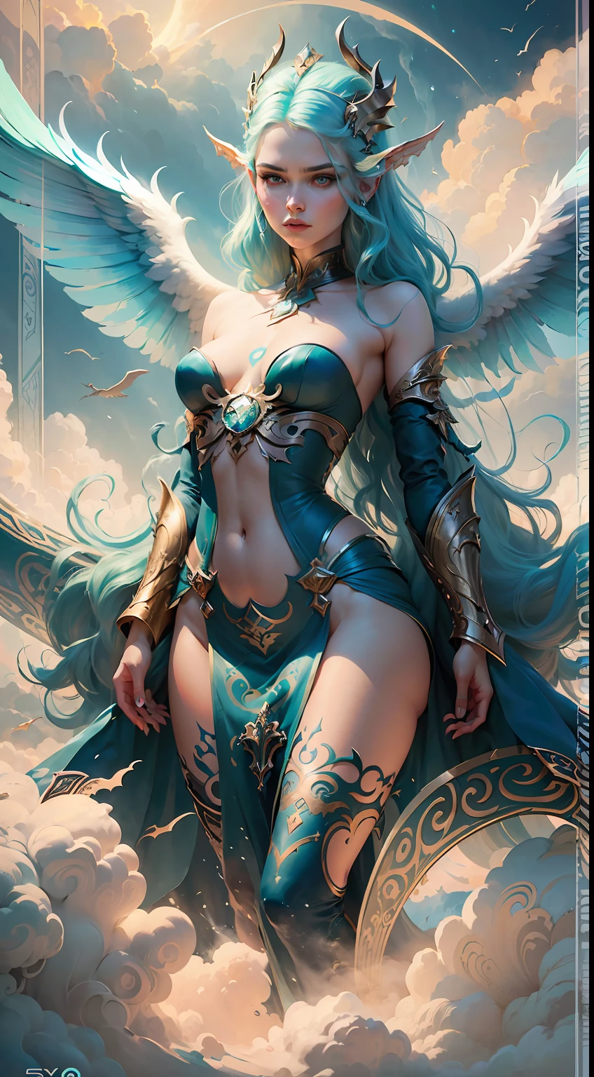 Turquoise five-clawed golden dragon with magical dragon horns, standing above the clouds, eyes full of divine majesty, 8K high quality detail art, beautiful fantasy queen, beautiful angel, 4K highly detailed digital art, (((beautiful fantasy queen)), mysterious Atlantean Valkyrie, beautiful young wind spirit, celestial goddess, James Jean soft light 4K, Yuri Schvedorf and Tom Bagshaw, beautiful digital artwork, Sylvain Sarel and Igor Mosky --auto --s2