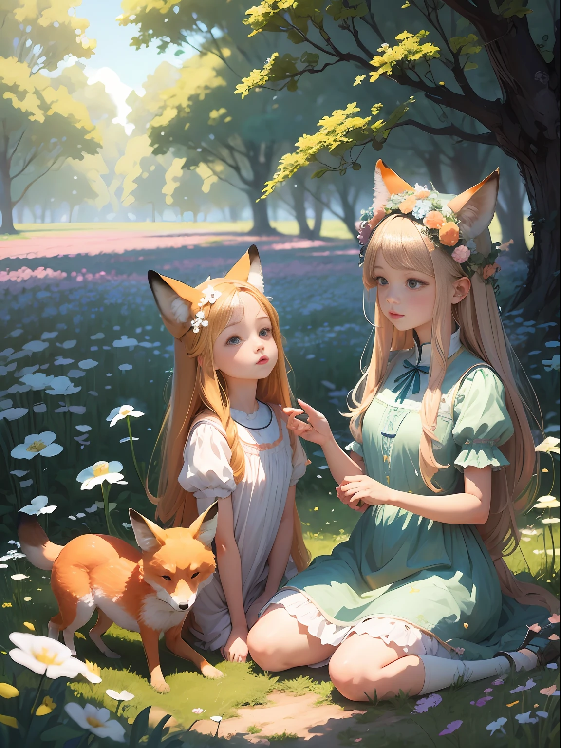 Illustration 3:1, flat style, embroidery, girl and fox in flower field, detailed graphics, pastel colors, light blue and orange, cute characters, cute chanterelle next to a beautiful girl, detailed plants in beautiful field, super clear resolution, 8k wallpaper, HD, more details, high quality, high detail, rich details, high score efficiency