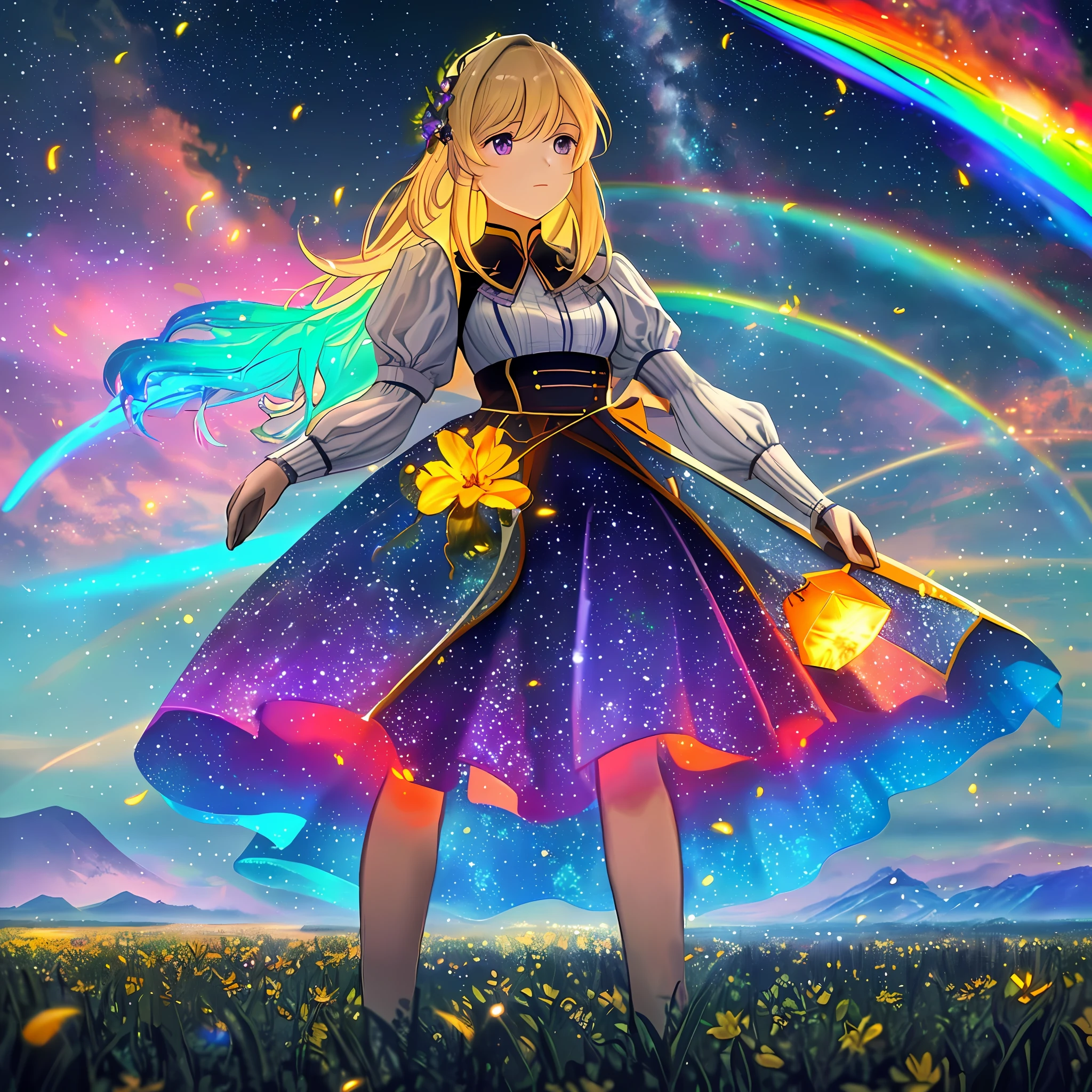 Vast landscape photo, (viewed from below, the sky is above and the open field is below), a girl standing on a flower field looking up, (full moon: 1.2), (meteor: 0.9), (nebula: 1.3), distant mountains , Trees BREAK Crafting Art, (Warm Light: 1.2), (Fireflies: 1.2), Lights, Lots of Purple and Orange, Intricate Details, Volumetric Lighting, Realism BREAK (Masterpiece: 1.2), (Best Quality), 4k, Ultra-Detailed, (Dynamic Composition: 1.4), Very Detailed, Colorful Details, (Rainbow Colors: 1.2), (Glow Lighting, Atmospheric Lighting), Dreamy, Magical, (Solo: 1.2)