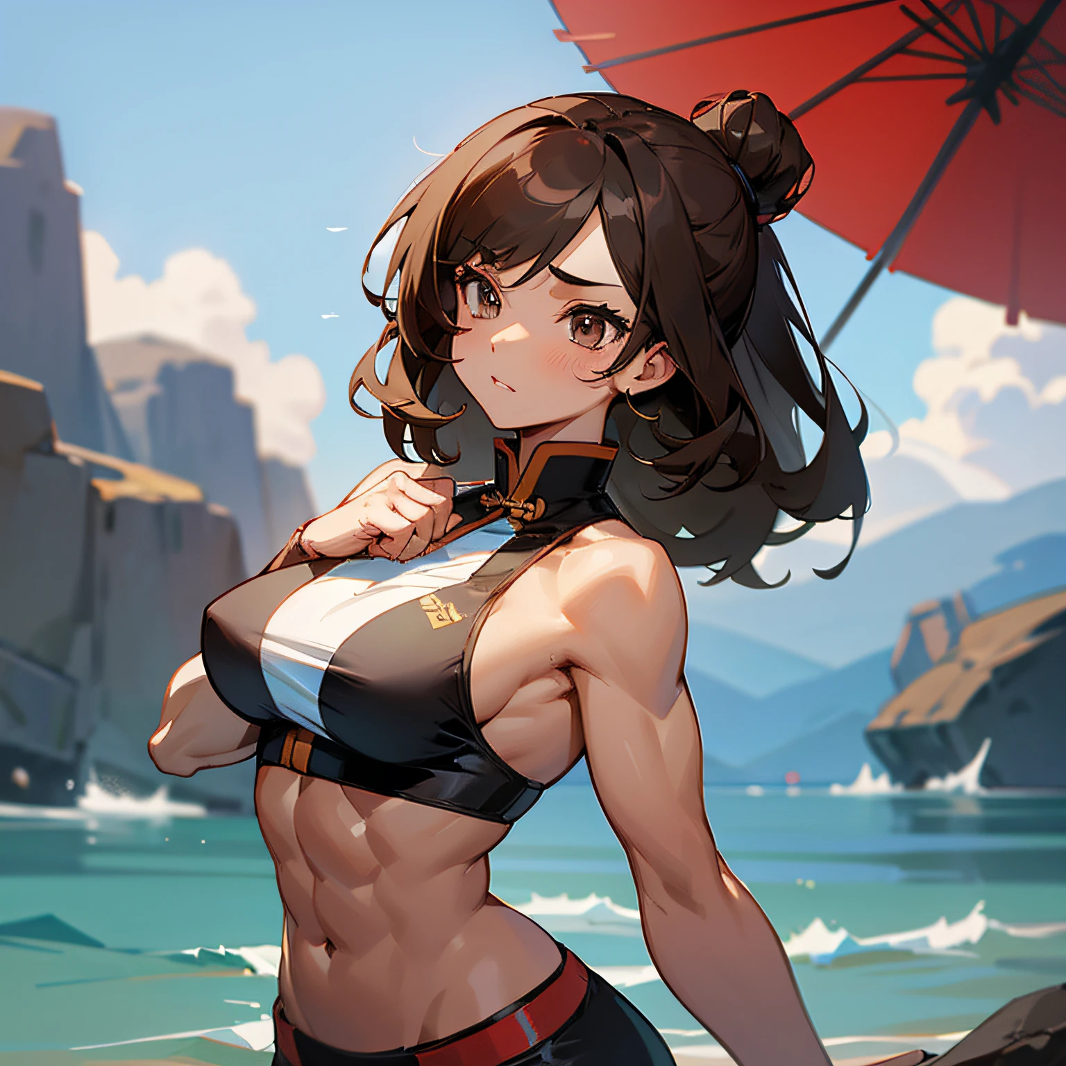 Strong abs, strong body, brown skin, fighting girl, brunette hair, chinese girl, --auto --s2