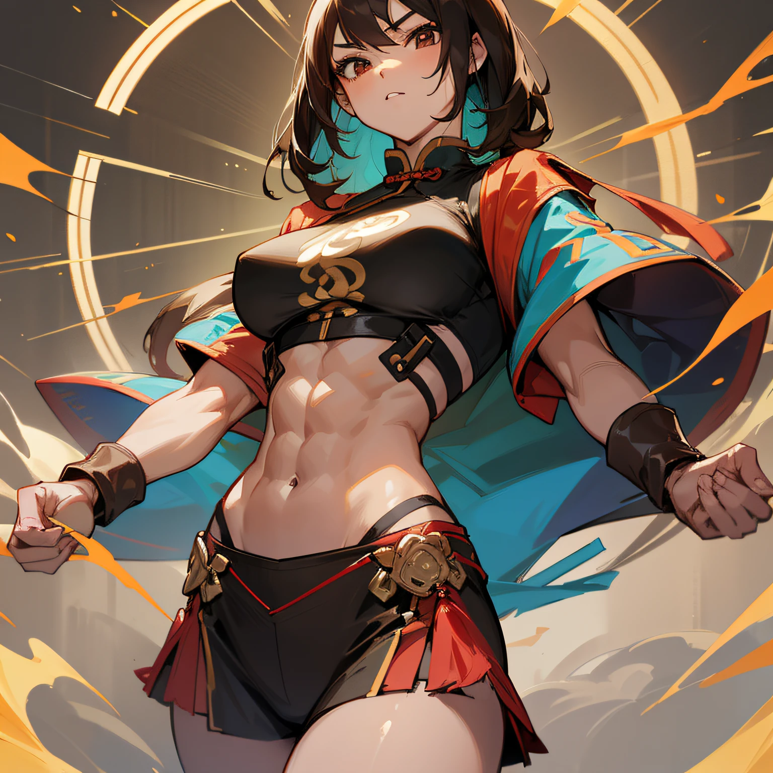 Strong abs, strong body, brown skin, fighting girl, brunette hair, chinese girl, --auto --s2