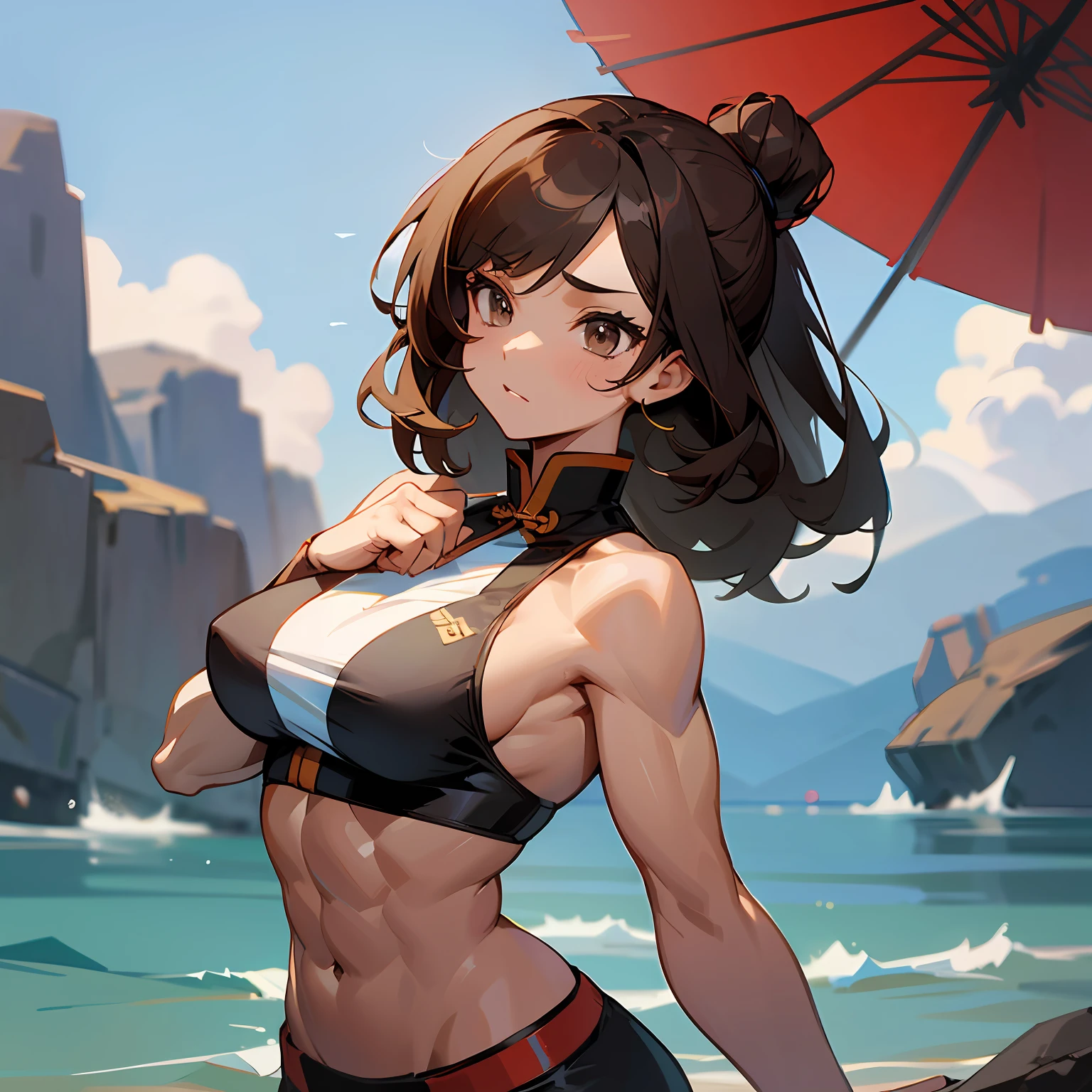 Strong abs, strong body, brown skin, fighting girl, brunette hair, chinese girl, --auto --s2