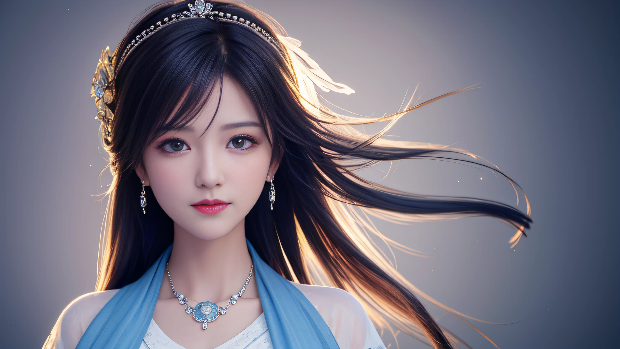 Best Quality, Masterpiece, High Resolution, 1Girl, Scarf, Hair Accessory, Necklace, Beautiful Face, Body, Tyndall Effect, Realism, Dark Studio, Edge Lighting, Two-tone Lighting, (High Detail Skin: 1.2), 8K UHD, DSLR, Soft Light, High Quality, Volumetric Light, Voyeur, Photo, High Resolution, 4K, 8K, Background Blue Sky and White Cloud Blur,