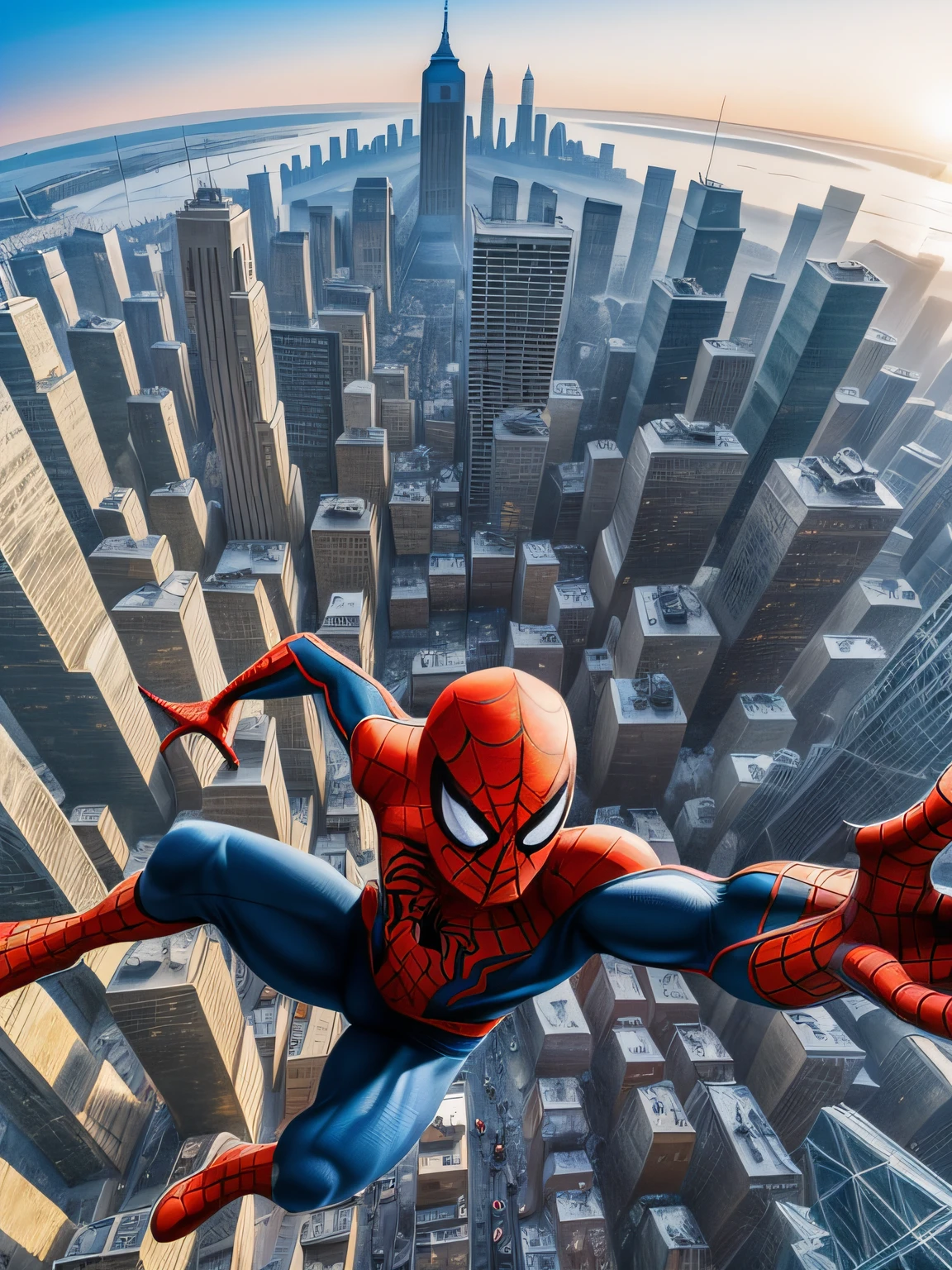 (best quality, masterpiece), hand-painted art, detailed, dynamic pose, Spider-Man,(fur coat:1.2),(wild landscape:northern), cool breeze, dusk, autumn, forest, leaves rustling in the wind.