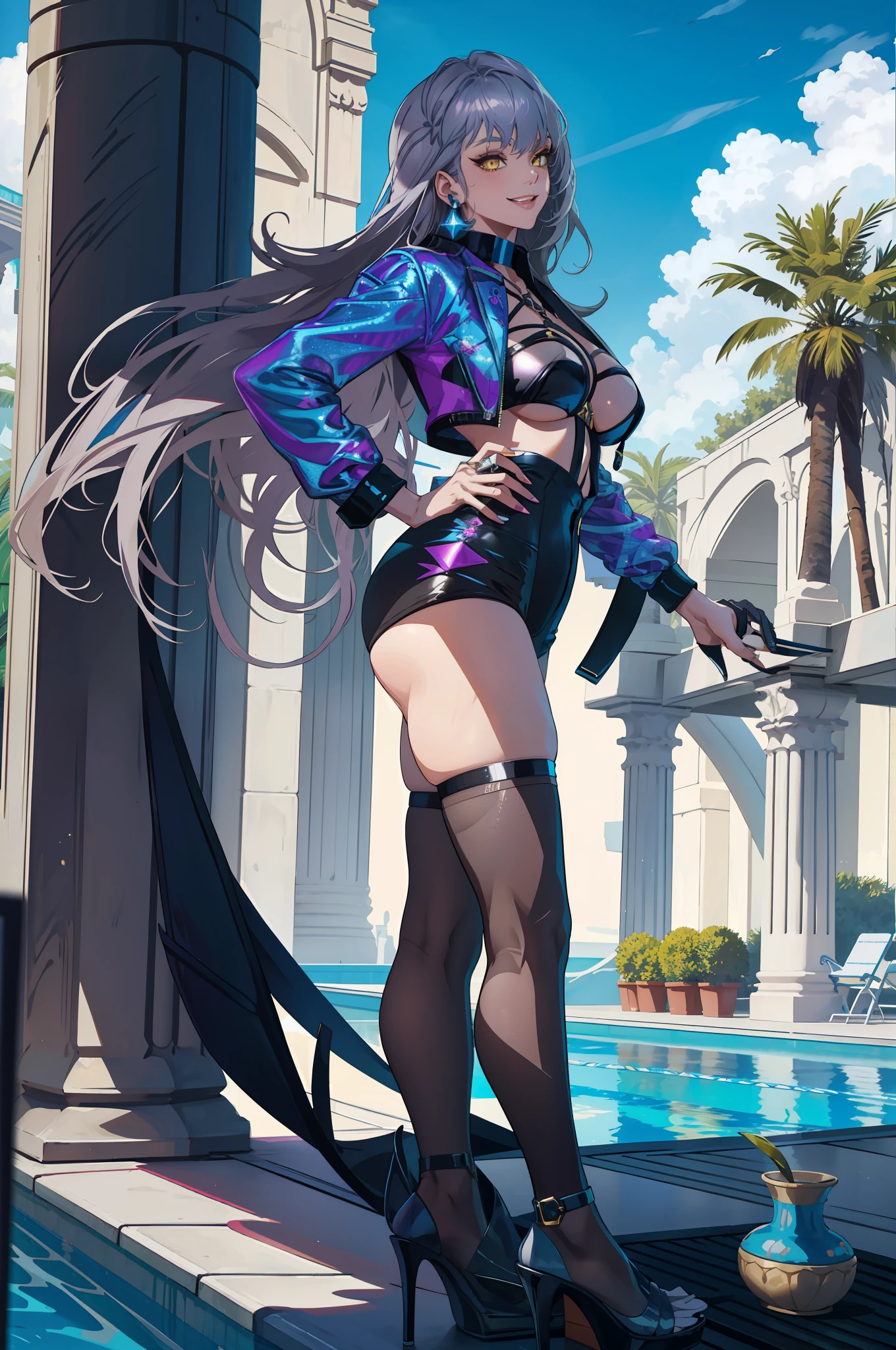 masterpiece, best quality, highres, evelynn1, 1girl, solo, grey hair, k/da \(league of legends\), stylish hair, yellow eyes, large breasts, poolside, micro bikini, smile, standing and bending over, sexy pose, view from side