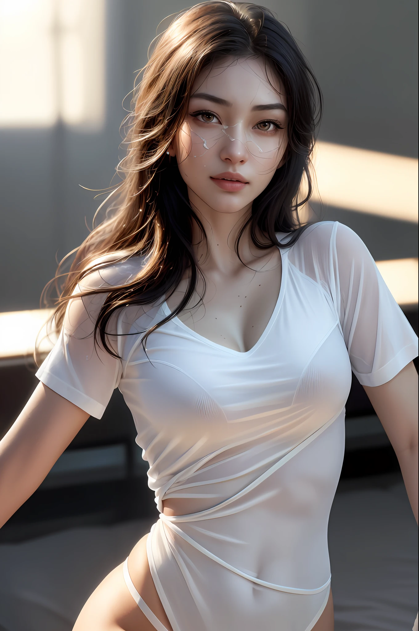 dressed, (photo realistic:1.4), (hyper realistic:1.4), (realistic:1.3), (smoother lighting:1.05), (increase cinematic lighting quality:0.9), 32K, 1girl,20yo girl, realistic lighting, backlighting, light on face, ray trace, (brightening light:1.2), (Increase quality:1.4), (best quality real texture skin:1.4), finely detailed eyes, finely detailed face, finely quality eyes, (tired and sleepy and satisfied:0.0), face closeup, t-shirts, (Increase body line mood:1.1), (Increase skin texture beauty:1.1)