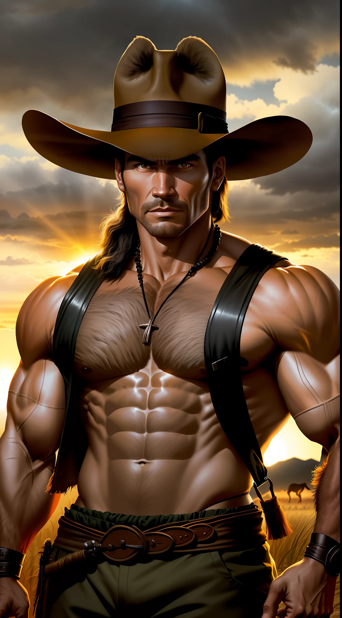 photo portrait of a muscular man from Asia dressed as Indiana jones on a safari in the savanna, rembrandt light, dramatic sky, exotic animals
