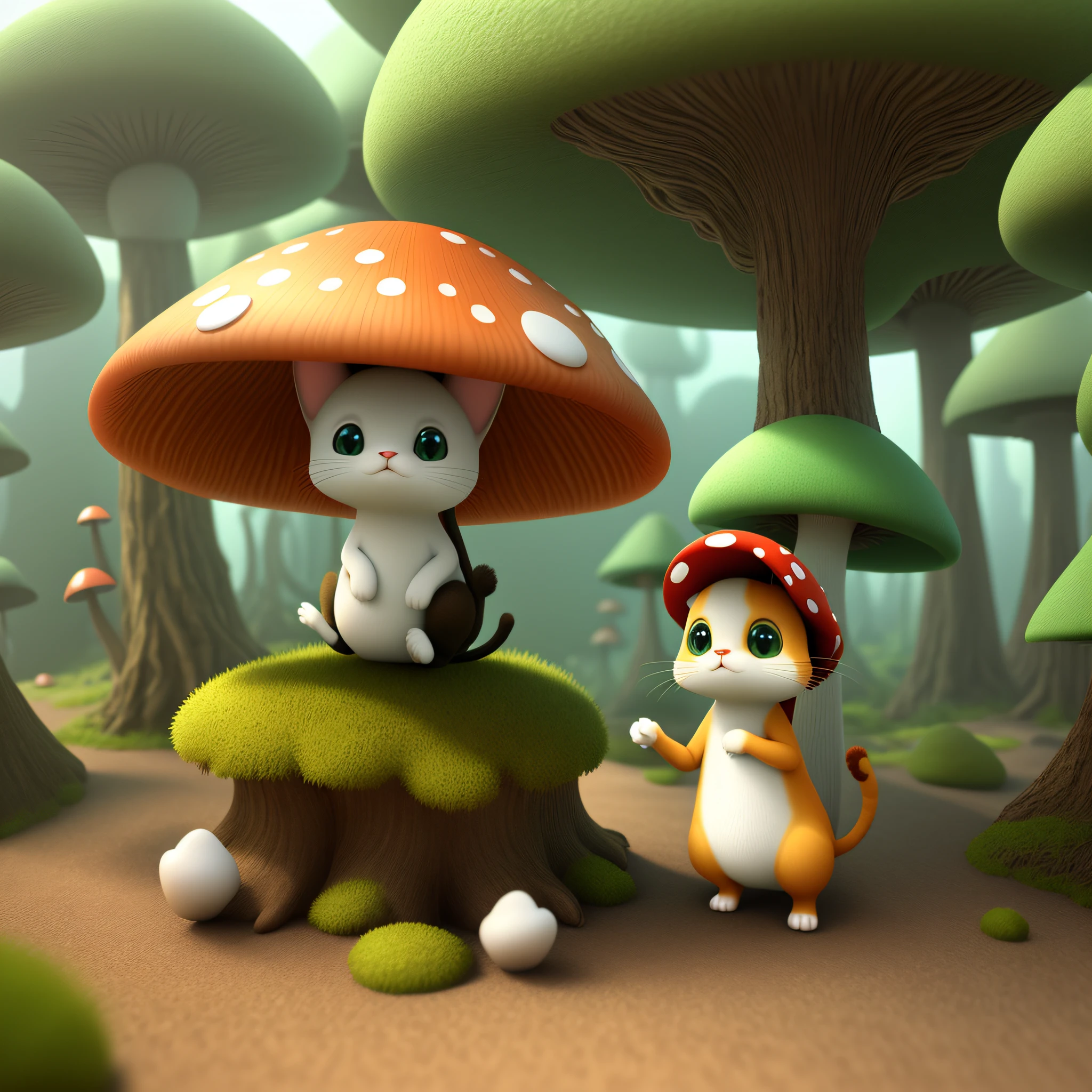 mushroom shaped cat, cute, fantasy, 3d animation