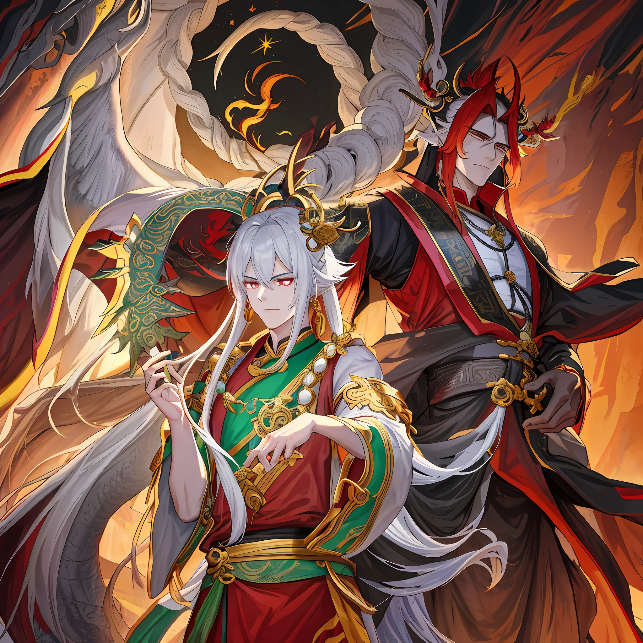Please generate an image of a male character named Li Shenlong. He is 800 years old and looks impressive. His hair is long and white as silver strands, and his eyes are an intense red. Li Shenlong has a serene and wise facial expression, with noble facial features. He wears stylish antique Chinese clothes made of black silk with gold accents. A jade necklace carved in the shape of a dragon adorns his neck. In his hands, he holds an ebony staff adorned with ancient runes. Please generate an image of this character in an ancient temple setting with oriental elements. Lighting should be lightly shaded, with soft light spots. Li Shenlong's posture is serene and imposing, with an enigmatic and tranquil facial expression.
