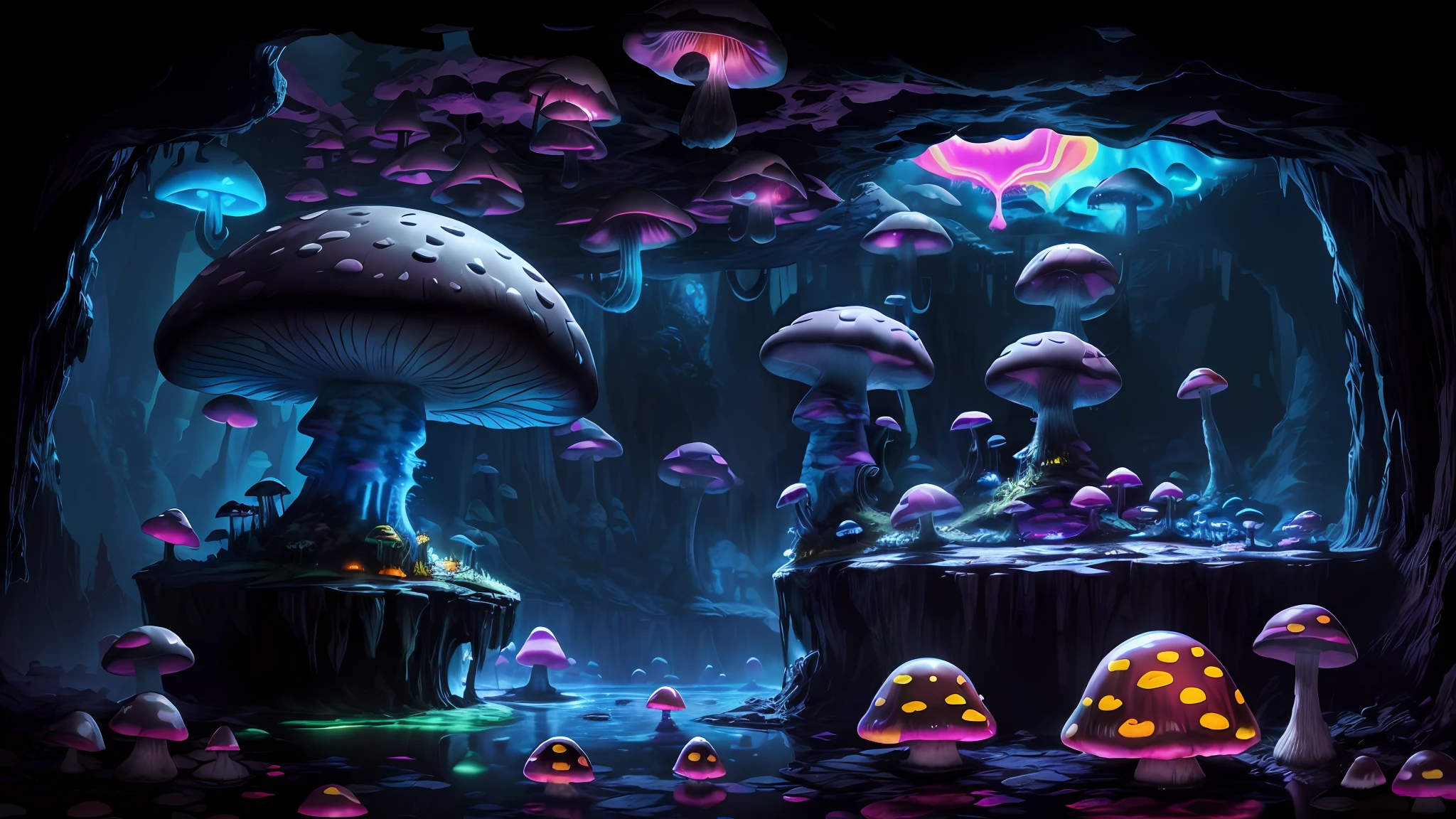 a big cave, spherical, round, (big glowing lake):1.8, no gravity, horror, dark setting, sparkles in the air, dark fog, lightning, grafiti, (skulls:1.1), (psychodelic:2), colorful, ((neon mushrooms)), gloomy mushrooms, radiant light, acid, LSD, beautiful, masterpiece, best quality, highres, 8k, (insanely detailed),