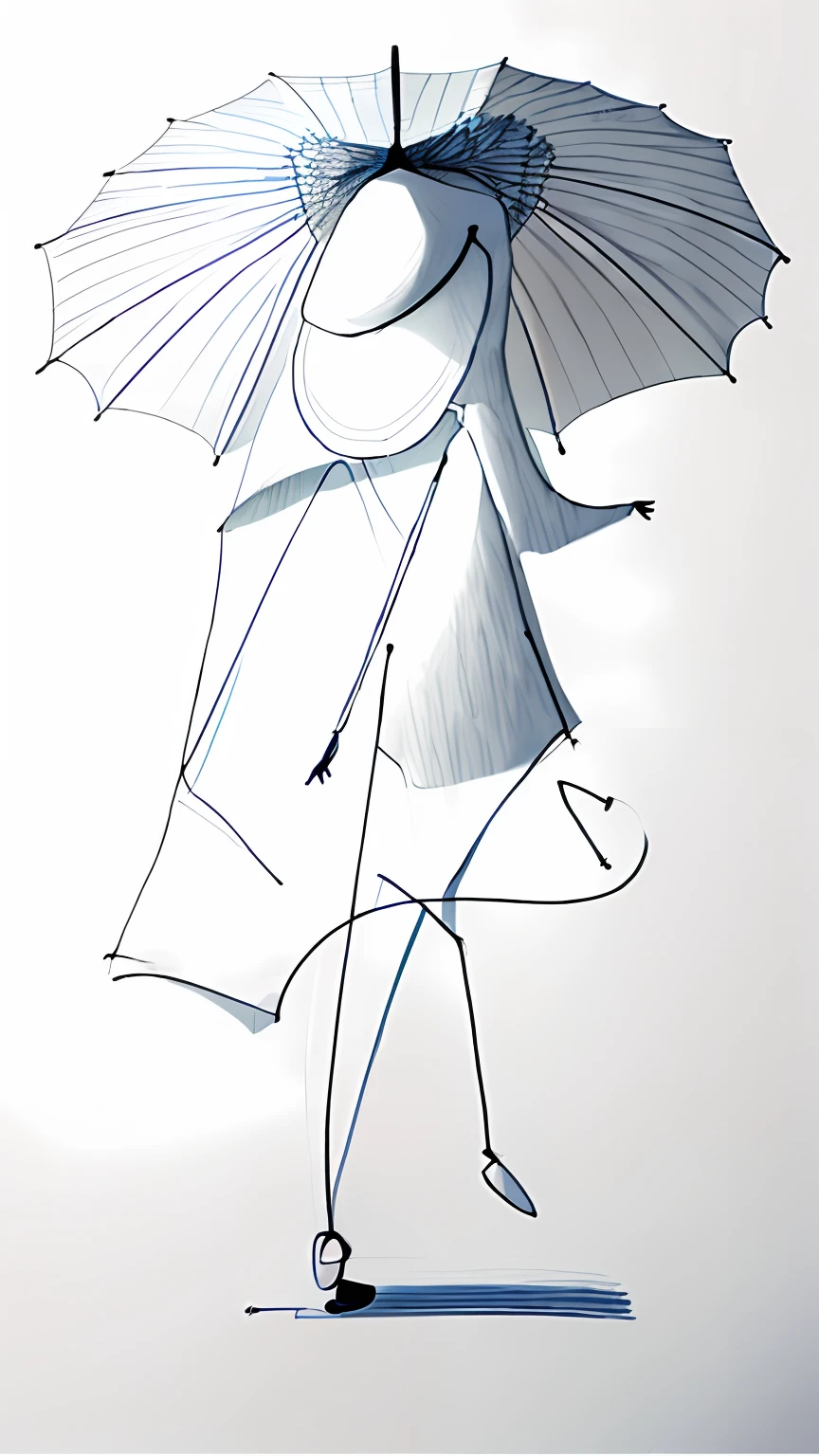 drawing of a person with a umbrella and a hat, simple drawing, drawn with a single line, one - line drawing, one-line drawing, stick figure, continuous line drawing, one line drawing, minimalistic drawing, elongated figure, there is space around the figure, girl figure, gesture drawn, one line art, minimalist line drawing, hand drawn animation