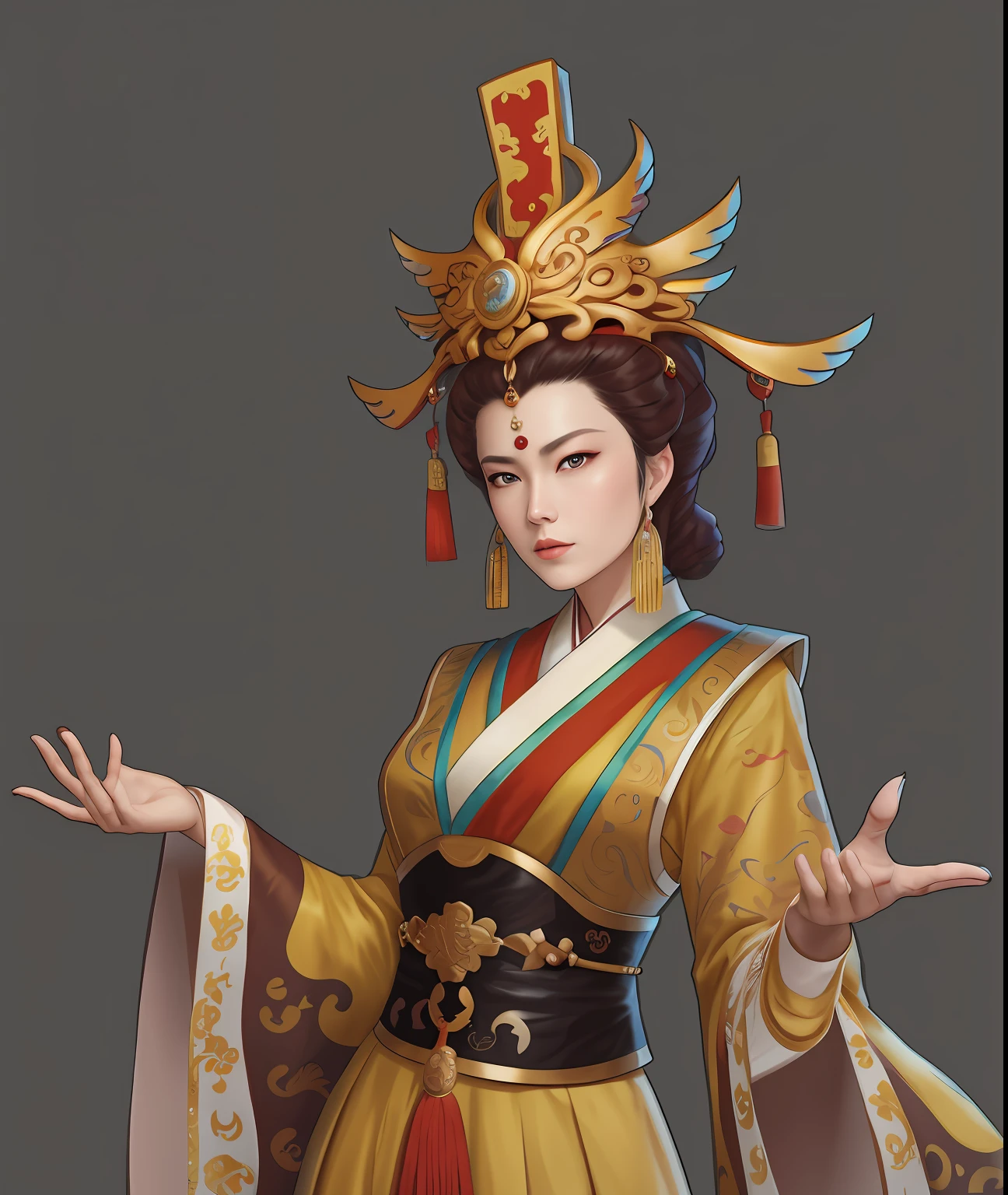 A female emperor in gorgeous Chinese clothes, old beautiful female characters, beautiful figure paintings, female emperors of the Tang Dynasty, Wu Zetian, palace, elderly woman in Hanfu, Guwiz style artwork, Hanfu, Guwiz, wearing ancient Chinese costumes, patterns of flowers on clothes, beautiful anime portraits, traditional beauty, inspired by Max Magnus Norman, complete portrait of an electronic master, inspired by Jean Bello, Nicolas Tesla, Gillum Pongiruppi, portrait of a character, Luis Ricardo Farero, epic elegant portrait, Santiago Martínez Delgado, Frank Xavier-Linedeker style digital figure concept art, white, science illustration, Magali Villeneuve, Walt Disney, texture of more brushstrokes, simplified and stylized portrait, American comics, animation energy, ambient light is not strong, photo texture on costumes is not strong, light source at night, hand drawn
