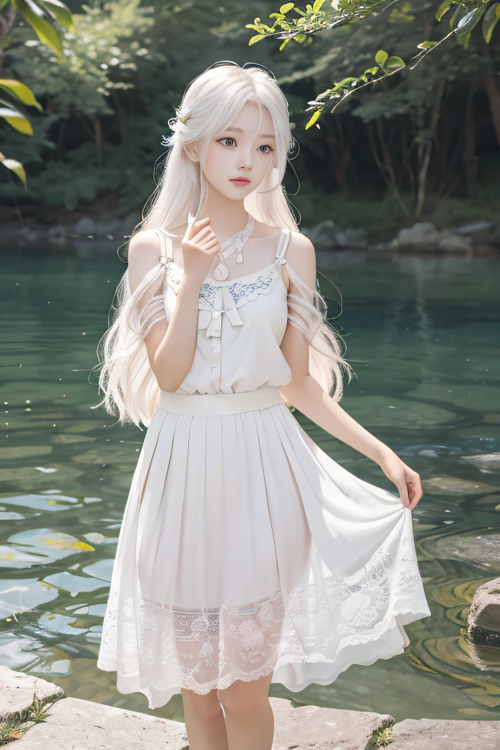 On the quiet shore of the lake, stands a beautiful girl with flowing white hair and pale pink eyes, her skirt gently fluttering in the breeze. She held a delicate silver hairpin in her hand and occasionally used it to straighten a few strands of hair hanging down her face. The surroundings are tranquil and picturesque, with the vibrant colours of nature blending harmoniously to create a tranquil atmosphere. Realistic photography with a 35mm lens and f/2.8 aperture to capture the girl's natural beauty and the stunning scenery around her. (((real person)))