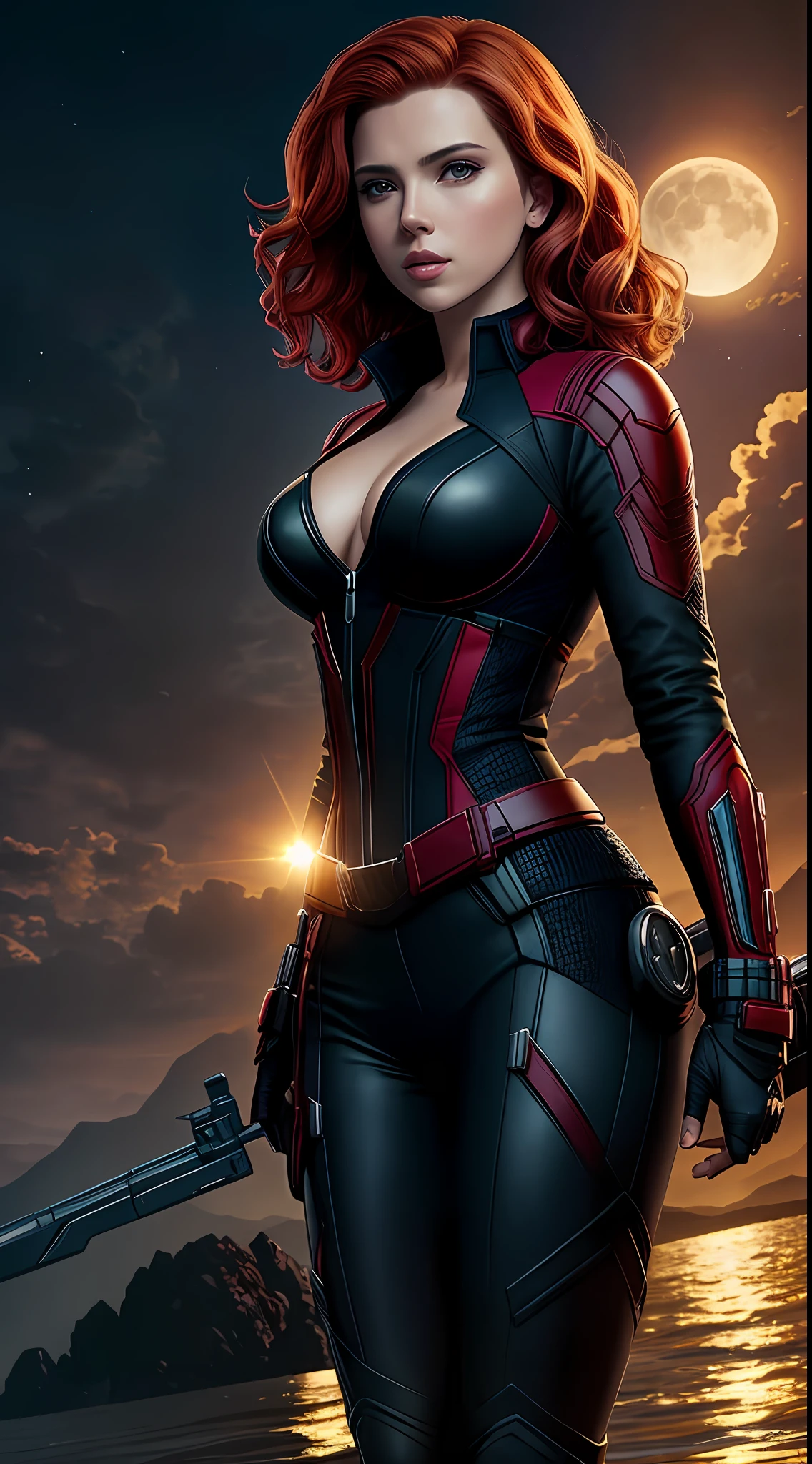 Scarlett Johansson as Natasha Romanoff from the Marvel universe, super detailed, super detailed costume, high-quality face study, on an alien planet, bright lighting, contrasting lighting, water, three moons in the sky, sunny day, full body, super quality for competition, (perfect body: 1.1), (short wavy hair: 1.2), whole body, random pose, beautiful pose, (extremely delicate and beautiful), (masterpiece), (best quality:  1.0), (ultra-high resolution: 1.0), [high resolution]