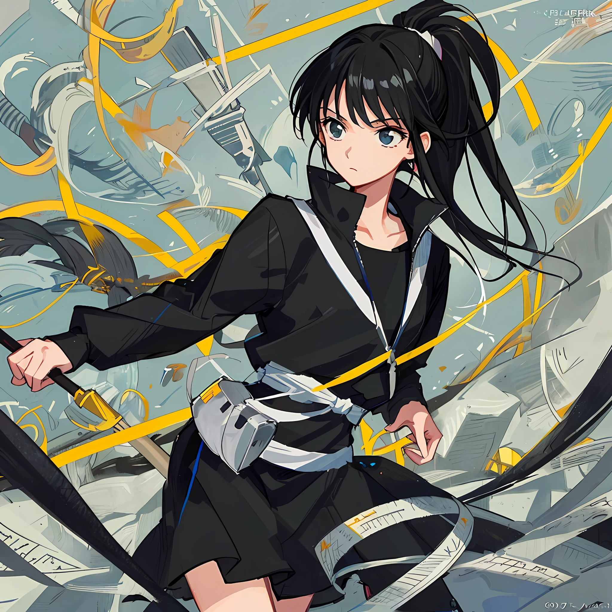 (Masterpiece), (Best Quality), (Super Detail),(Illustration), one Female, Black Hair, Ponytail Hair, black wear, by Yoshihiro Togashi