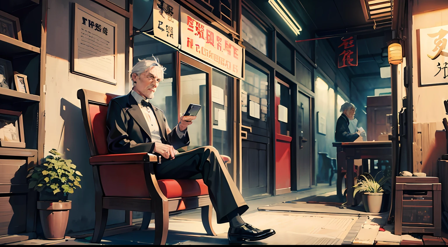 /Imagination Tip: Illustration of a gray-haired old man sitting on a recliner and looking at a mobile phone, Beijing hutong, focus on the old man, green brick house: :3, :5, golden ratio: :3, full-length shot: :10, Unreal Engine: :15, dramatic light: :14, rake light: :11, dramatic::16, surreal::10, neon city::17, steampunk::8, kung fu::5, postmodern photography::2 --seed 25624 --s 500 --q 2 --c 10 -- v 5.1 --auto --s2