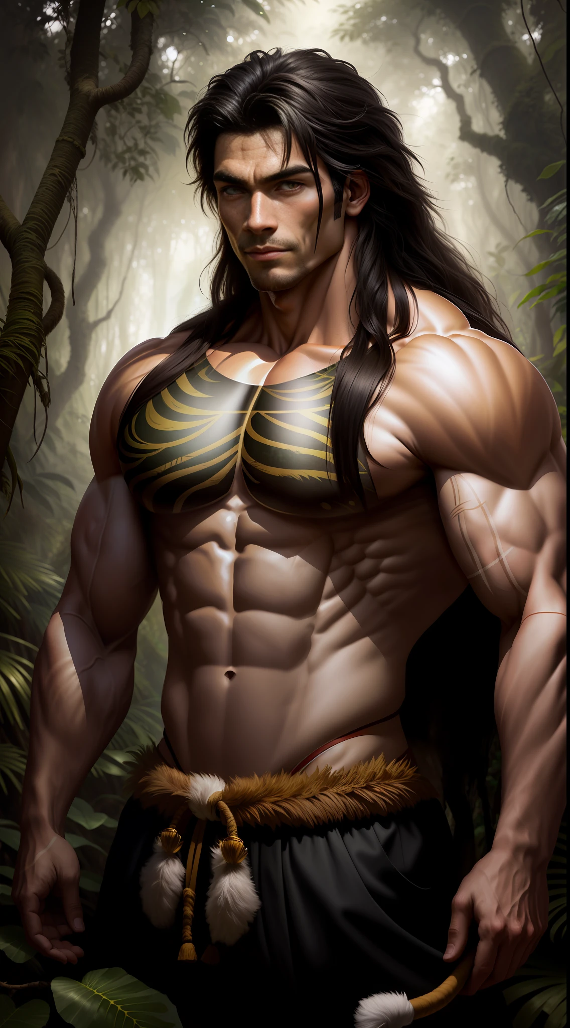 photo portrait of a muscular man from Asia dressed as tarzan on a jungle in the wood, rembrandt light, dramatic sky, exotic animals