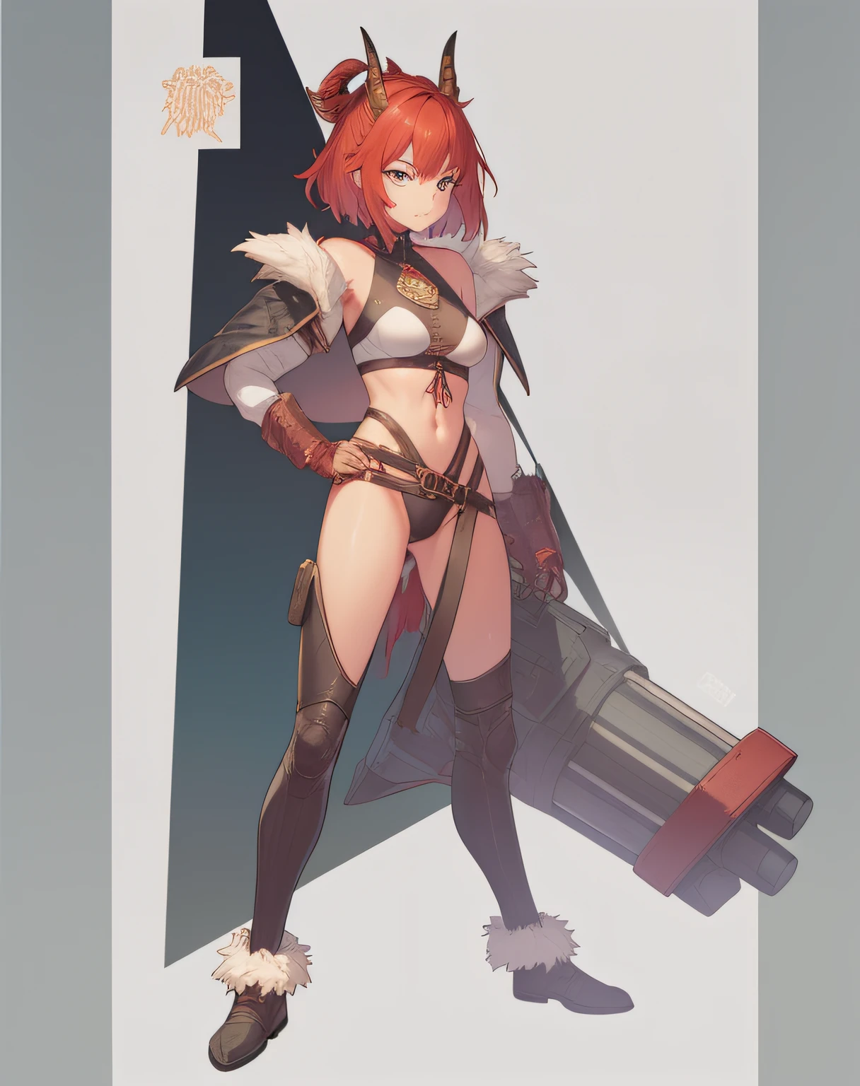 Fire horns, cyberpunk, armor in the style of Horizon Zero Dawn, Red-haired girl, fiery, green eyes, pigtails, a wreath of fire horns on her head, barbarian, a huge techno cannon in her hands, a huntress, bones on the body, insect plates, chitin, fur, small bones, light bones and red fur on the shoulders, dark leather stockings made of strips of cut leather on the legs, ropes and light bones on the body, thin panties, a small bra made of bones, bright red hair, jewelry made of horns, a fur gun. Instead of underpants, rope, bones and chitin, fur shoulder pads and with chitin, a tail of hair on the back of the head, a short haircut, a bionic cannon in the form of the mouth of a wolf, shark, dragon look up. The girl has green eyes, a playful look, a good-natured smile, a neat nose, tight panties, tight thongs, mini-underwear, leaky underwear, torn fabrics, a lot of torn fabrics, a lot of holes in fabrics, a cannon with a monster's head, a cannon barrel in the form of a monster, a flame bursts out of her mouth, a portal in a cannon. The girl has short hair, a ponytail at the back is short and looks up, fur shoulder pads, a jacket on the shoulders, a torn bra, the pubis is open, diagonal straps all over the body, powerful energy escapes from the open toothy mouth of a cannon, a bird's skull on a girl's belly, tattoos, vertebrae on the edges of stockings, cyberpunk, ethnic style of clothing, vintage clothes, worn, prehistoric style, prehistoric jacket, elbow pads made of insects, chitinous cannon, bionic cannon, torn jacket sleeves, chitinous plates on the jacket, flame flashes, cyberpunk, the whole cyberpunk style, a lot of technology, technologies of the future, futurism, science fiction, fantasy, wildness, sexuality, emphasized eroticism, cold lighting, flames from everywhere, a lot of fire, bones on the shoulders, small details on the shoulders, a skull on the belt, the girl has curly hair, tattoos on her face, maximum nudity, diagonals, caveman, prehistoric image,