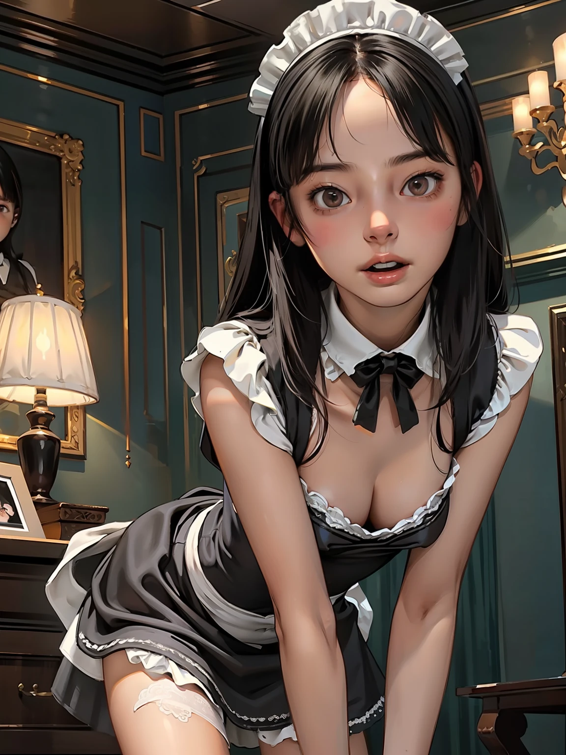 (best quality, masterpiece), 1girl, 20years old, intricate details, beautiful detailed face, big tits, (sexy maid clothes:1.2), sexy, erotic, see-through, luxury room, blush, open mouth, black hair, medium hair, blunt bangs, happy, standing, cowboy shot, bare thigh,