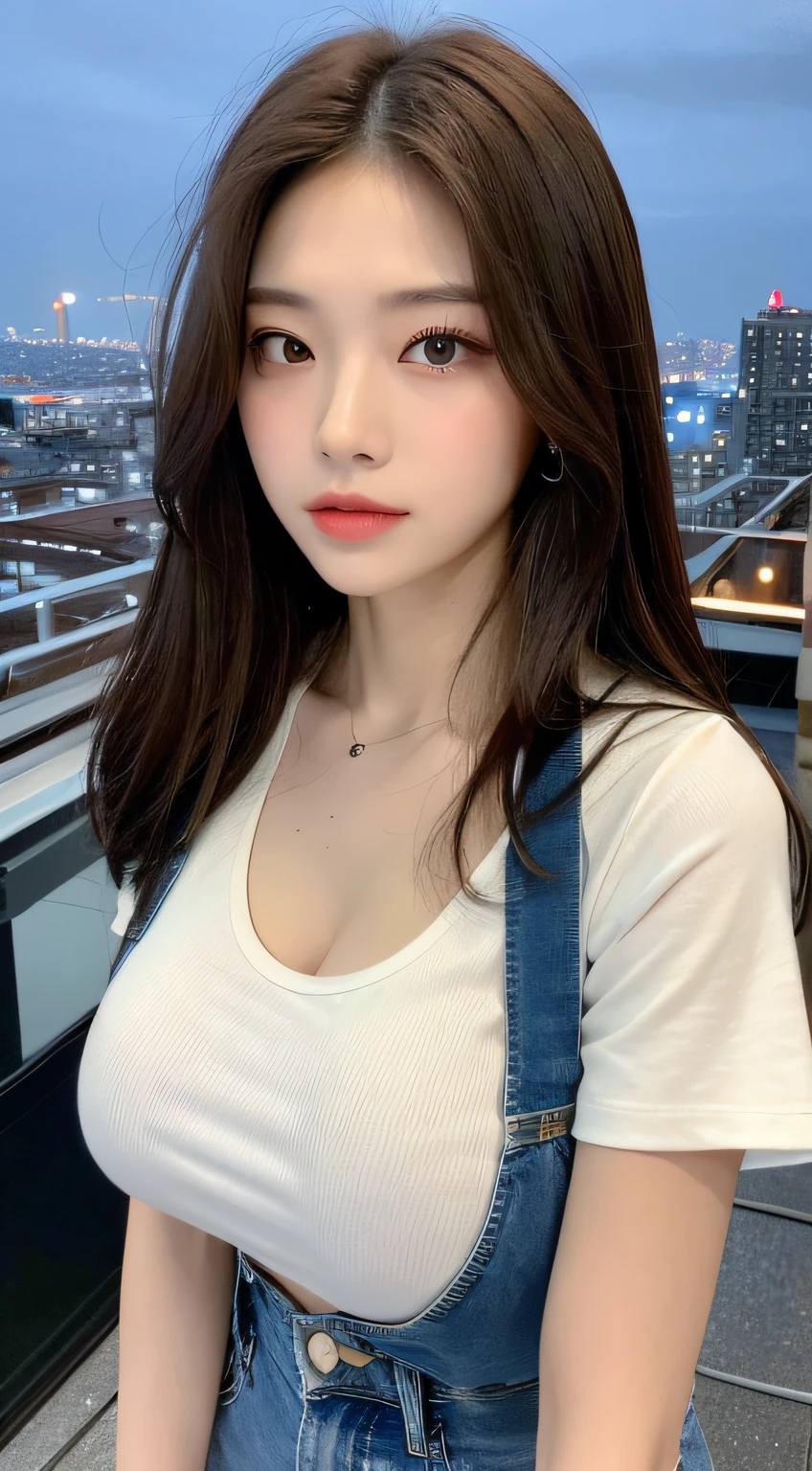 ((Midnight, Best quality, 8k, Masterpiece :1.3)), Whole body, Long legs, Sharp focus :1.2, A pretty woman with perfect figure :1.4, Slender abs :1.1, ((Dark brown hair,???????????????? :1.2)), (White tight tshirt, Jean bib, Standing:1.2), ((Night city view, Rooftop:1.3)), Highly detailed face and skin texture, Detailed eyes, Double eyelid