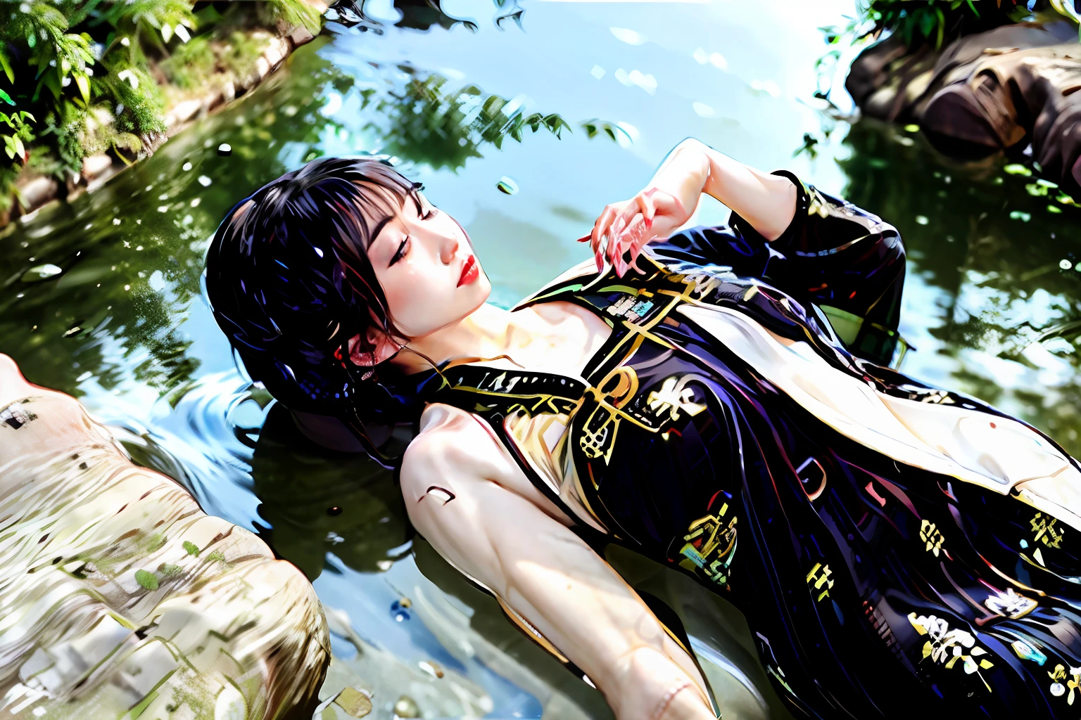 there is a woman laying in the water with her eyes closed, body in water, floating in water, in water, in the water, floating in the ocean, in water up to her shoulders, esthetic photo, elegant floating pose, in the sea, submerged in water, by Tan Ting-pho, tumblr, attractive photo, by Jin Nong, in a sea