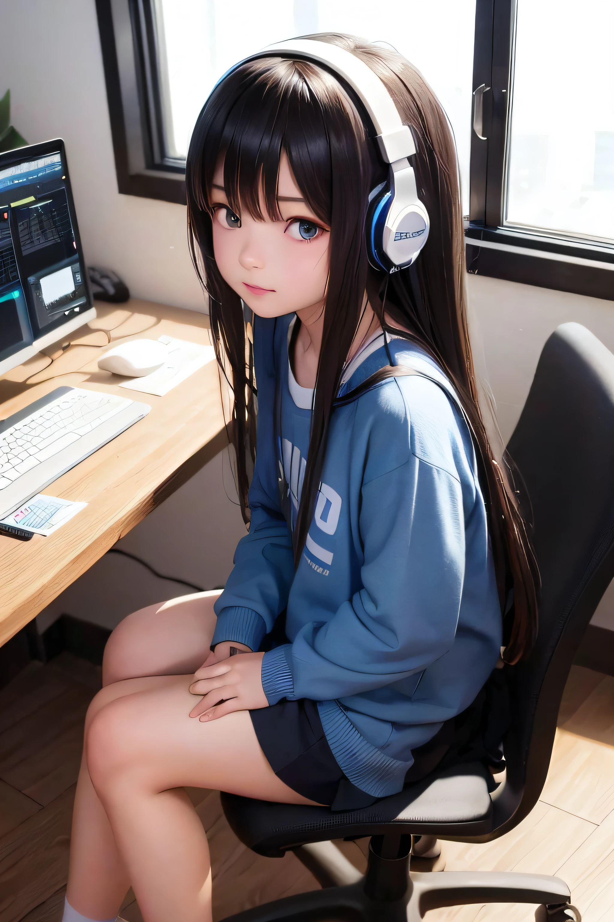 girl, long hair, sitting in a chair, dark blue tennis skirt, Bcup, College student, university, keyboard, computer, laptop, mouse, IT, developer, innocence, nobleness, gaming headset, programmer, hands on knees