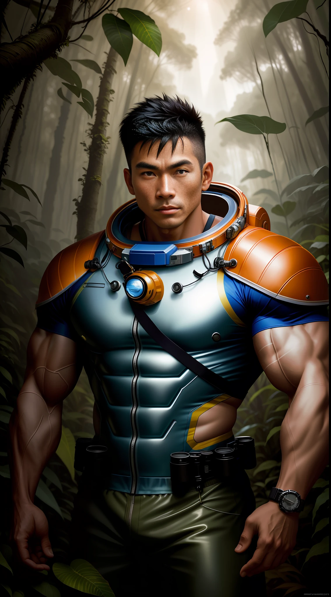 photo portrait of a muscular man from Asia dressed as spaceman on a jungle in the wood, rembrandt light, dramatic sky, exotic animals