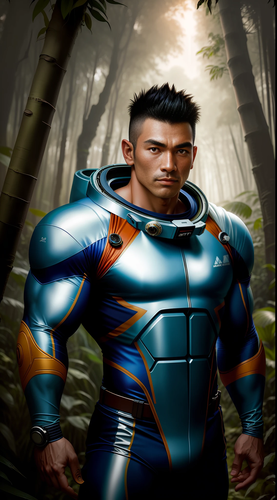 photo portrait of a muscular man from Asia dressed as spaceman on a jungle in the wood, rembrandt light, dramatic sky, exotic animals