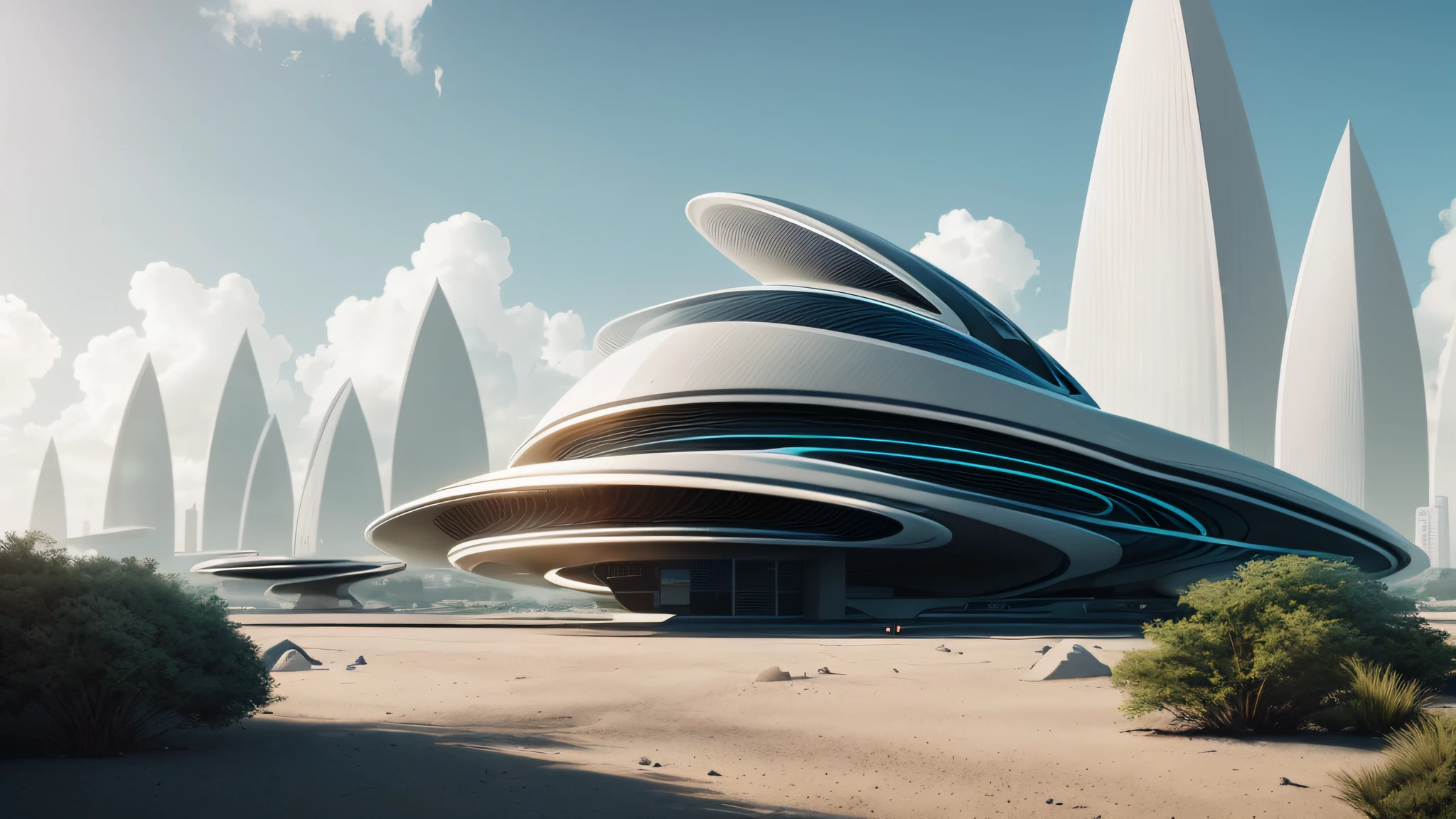 futuristic architecture visualization, sci-fi architecture visualization，Sense of scale，(ceramic elements:1.5),  big curve design, future shape details，sci-fi，concept design, UE5 rendering style,ray tracing rendered, realisti, full resolution, insane detailed, professional photo, (muted colors:1.2),  Avant-garde design, morning, Octane rendered, intricate, highly detailed, 8K, HDR, highest quality, sharp focus, photorealism, cloud background