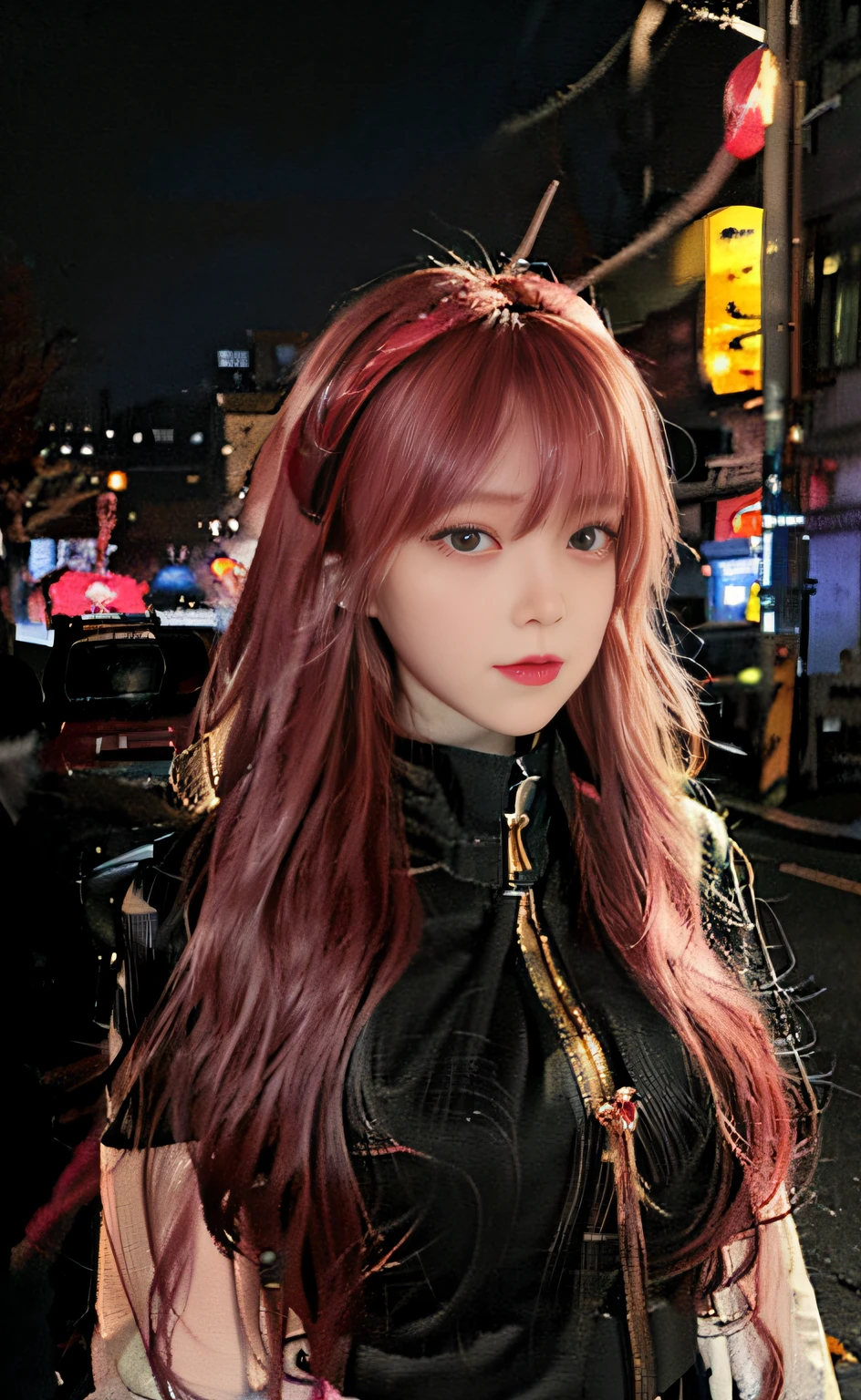 1girl, Tokyo Street, Night, Cityscape, City Lights, Upper Body, Close-up, 8K, RAW Photo, Best Quality, Masterpiece, Realism, Realism, Red Rose Headgear, Split Bangs, Long Hair, Ultra High Resolution, Very Detailed CG Unified 8K Wallpaper, Physical Rendering, Cinematic Lighting), Red Hair