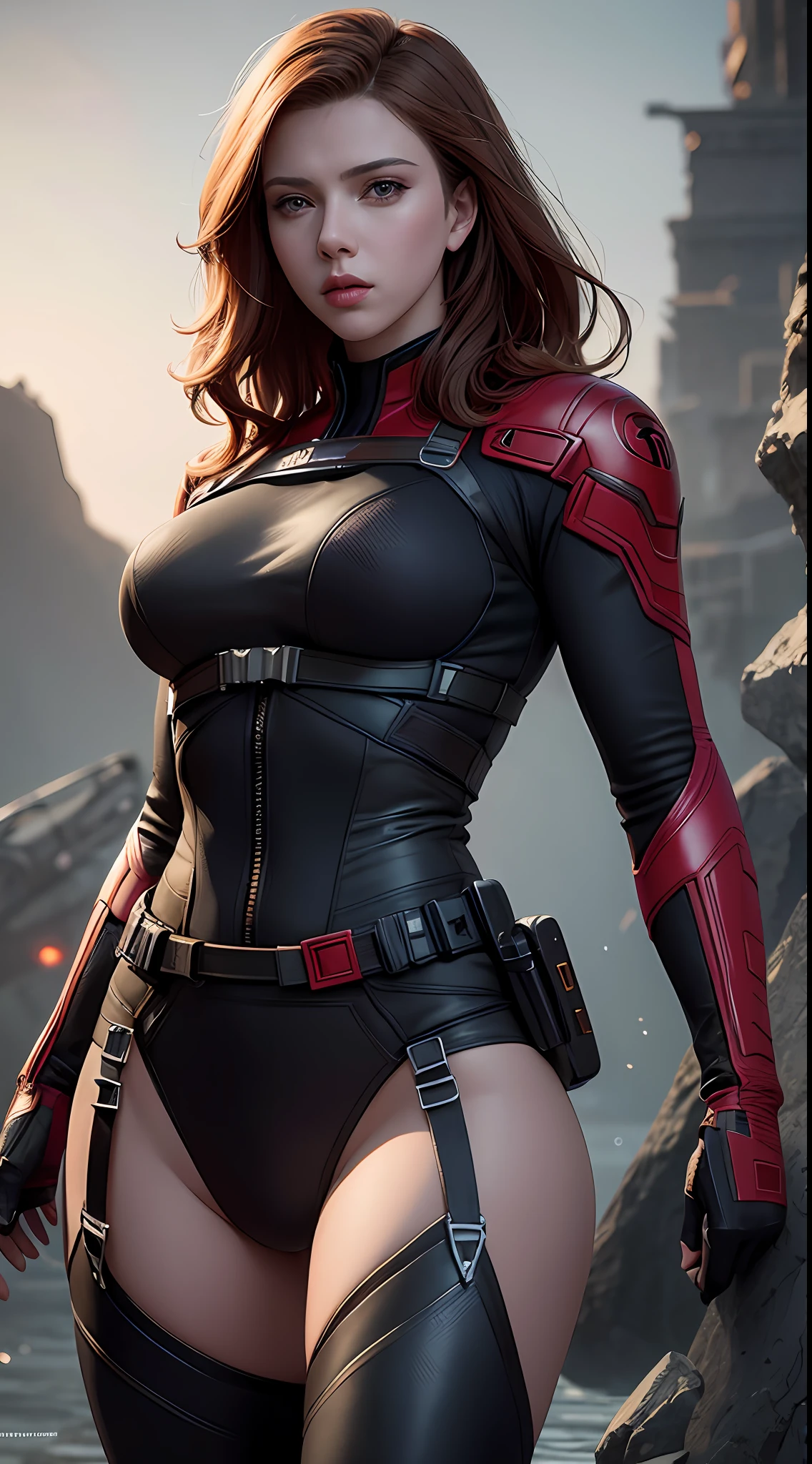 Scarlett Johansson as Natasha Romanoff from the Marvel universe, super detailed, super detailed widow costume, high-quality face study, on an alien planet, bright lighting, contrasting lighting, water, three moons in the sky, sunny day, full body, super quality for competition, (perfect body: 1.1), (short wavy hair: 1.2), whole body, random pose, beautiful pose, (extremely detailed CG 8k wallpaper),  (extremely delicate and beautiful), (masterpiece), (best quality: 1.0), (ultra high resolution: 1.0), beautiful lighting, perfect lighting, realistic shadows, [high resolution], detailed skin, super detailed (((colorful))), Digital art, Metal Gear Solid concept art, Full Body concept art, Expert concept art with high detail, Concept art such as Ernest Halimov, FPS game concept art, Concept art, Craig Mullins style, Video game concept art, 8k