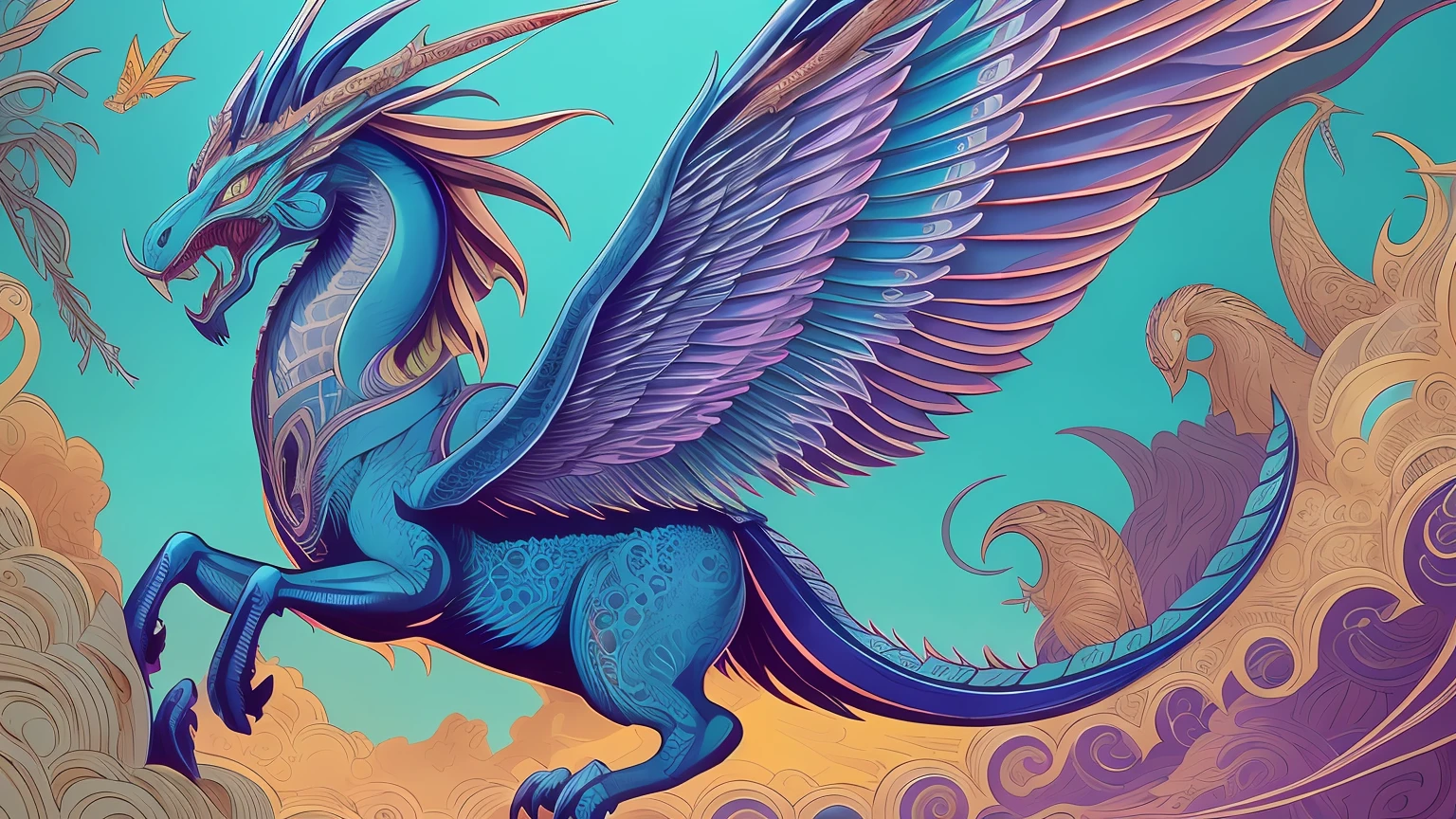 a close up of a blue dragon with wings flying in the sky, 4k detailed digital art, flying mythical beasts, 4 k detail fantasy, 4k detailed art, hyperbeast design, 4k highly detailed digital art, ultra detailed color art, highly detailed and colored, hyper detail illustration, dragon art, 8k high quality detailed art, detailed digital illustration