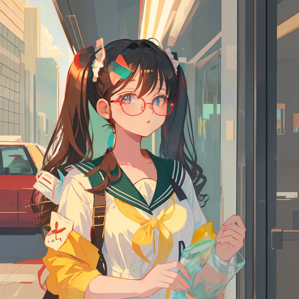girl, E cup, uniform, showing a little cleavage, twin tails, baby face, glasses