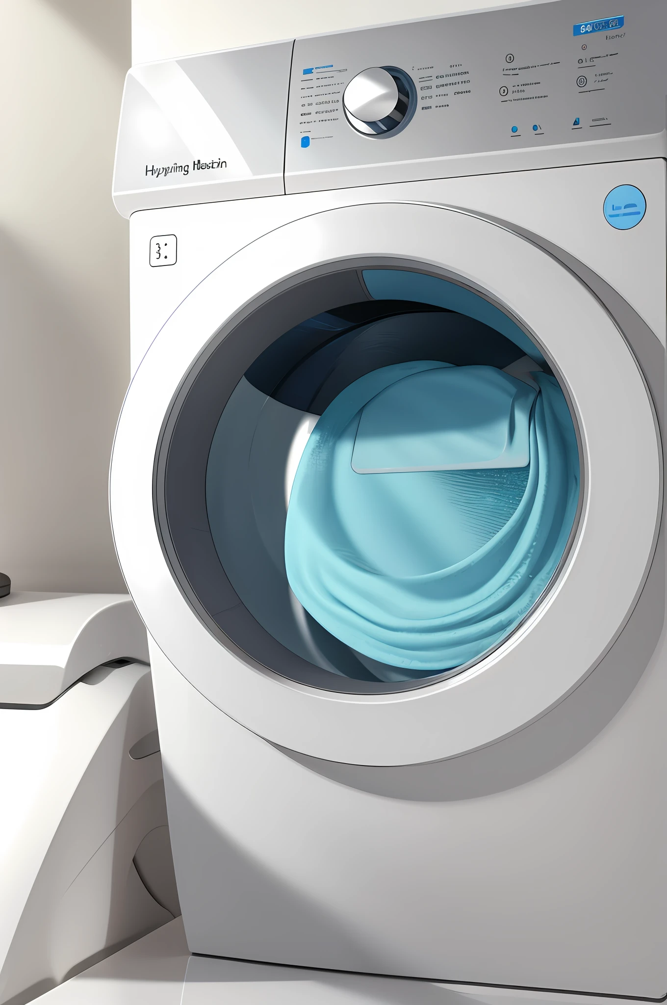 a close up of a washing machine with a blue door, washing machine, hyperrealistic illustration, semi - realistic render, ultrarealistic illustration, depicted as a 3 d render, photorealistic illustration, ultra realistic illustration, hyperrealistic render, hyper realistic”, hyper realistic render, hyper realistic ”, computer generated, photorealistic shot, whirlpool, realistic illustration, clean digital render