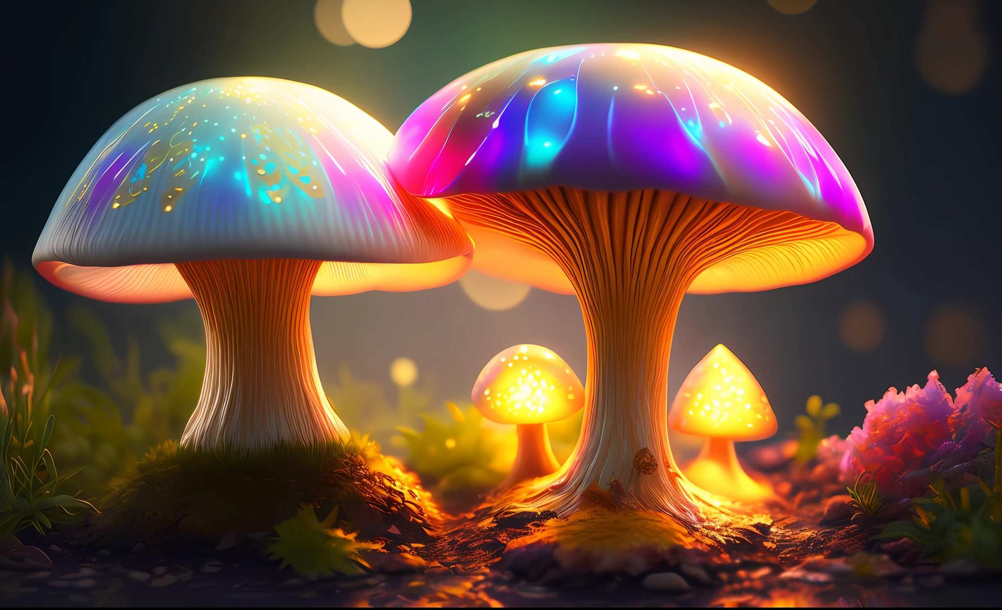 fantasy enchanted beautiful mushroom with glowing pastel colors and gold, 8k, trending, highly detailed hyper realistic
