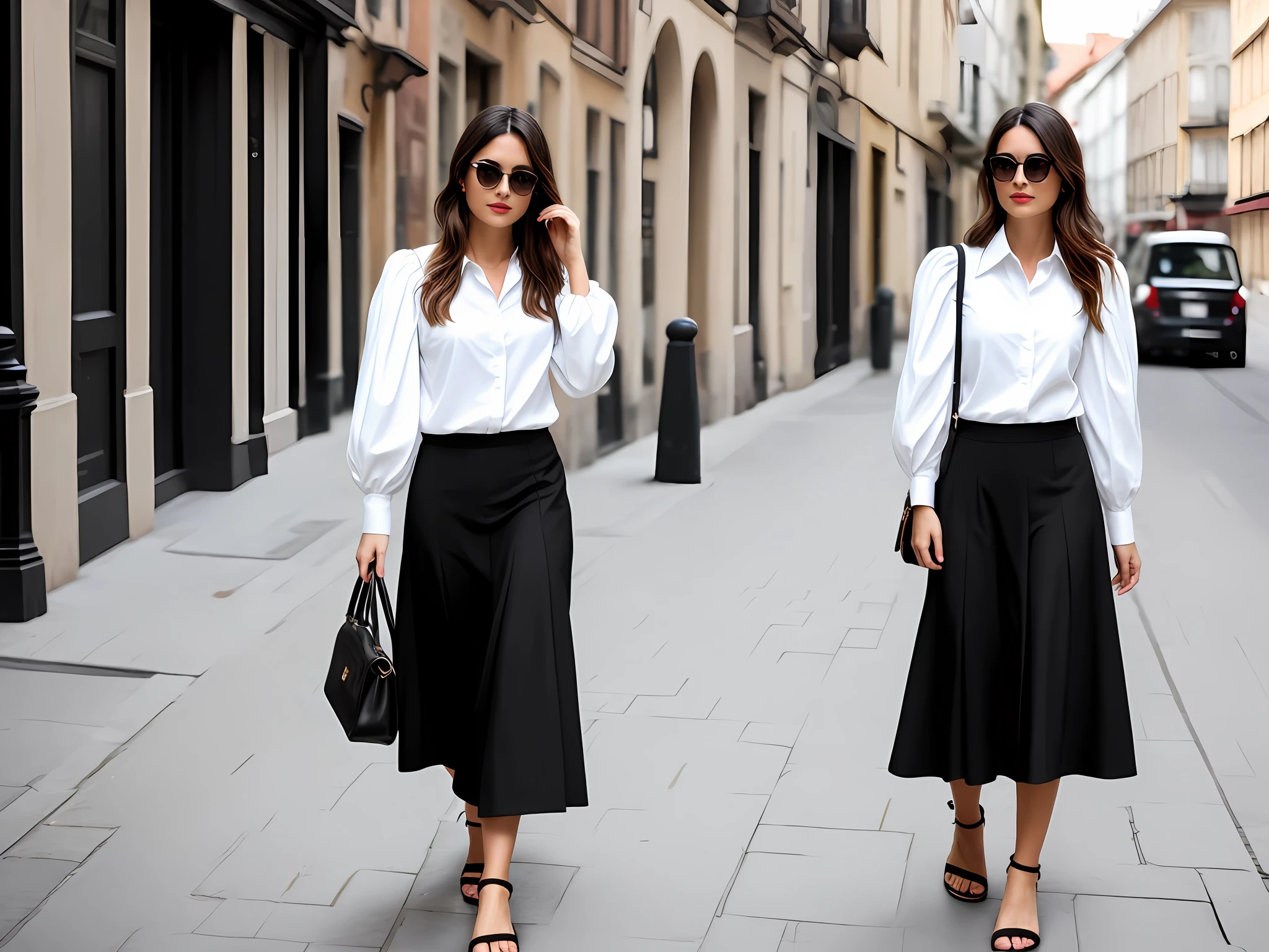 Narrow shoulder European woman wears puff sleeve shirt and long black skirt with flat white sandals
