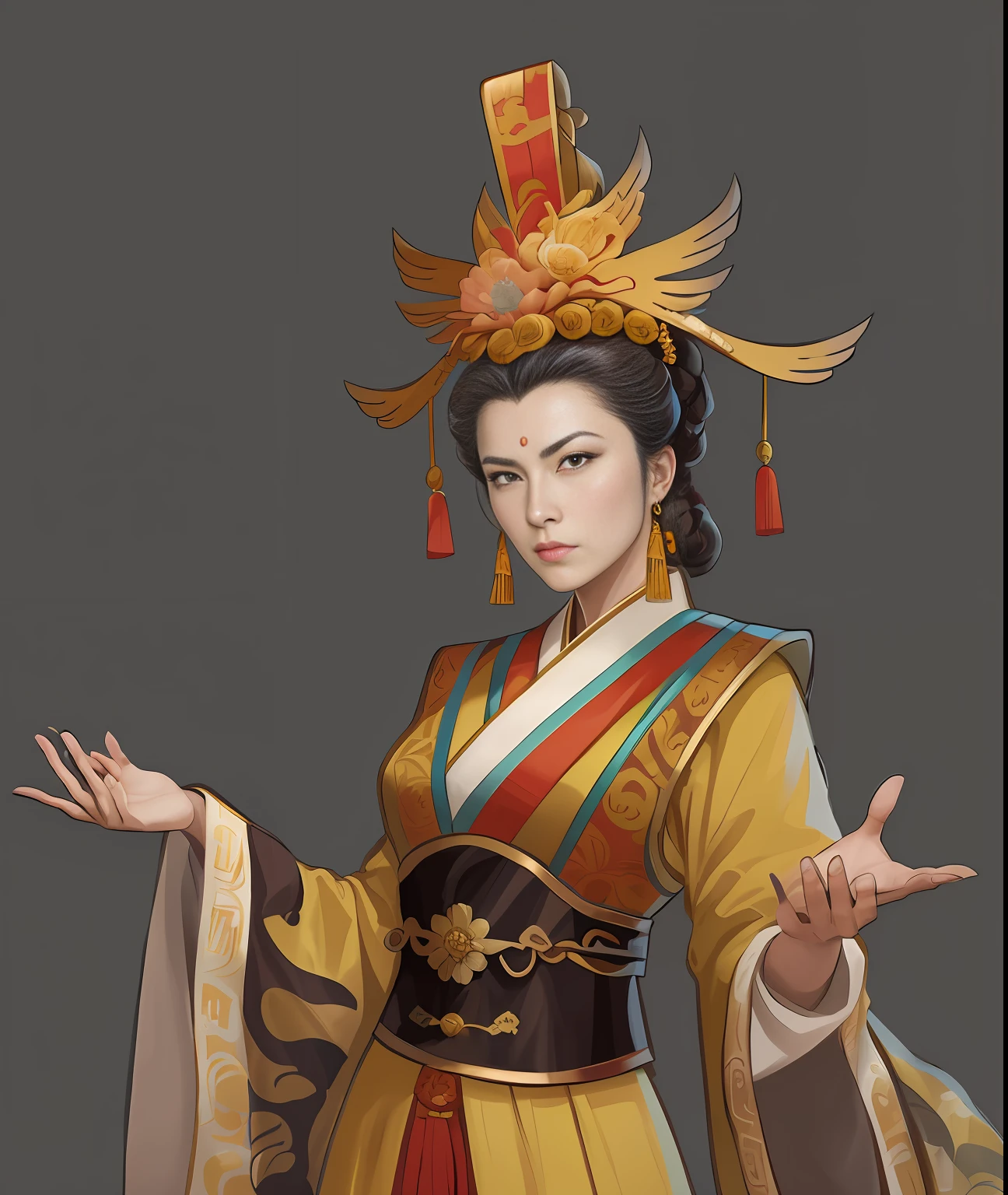 A female emperor in a gorgeous Chinese yellow robe, beautiful figure painting, female emperor of the Tang Dynasty, Wu Zetian, palace, girl in gorgeous costume, artwork in Guwiz style, Hanfu, Guwiz, wearing ancient Chinese costume with a pattern of flowers on her clothes, beautiful anime portrait, traditional beauty, inspired by Max Magnus Norman, complete portrait of an electronicist, inspired by Jean Bello, Nicolas Tesla, Gillium Pongiruppi, portrait of the character, Luis Ricardo Farero, Epic elegant portrait, Santiago Martínez Delgado, Frank Xavier-Linedecker style digital figure concept art, science illustration, Magali Villeneuve, Walt Disney, texture of more brushstrokes, simplified and stylized portrait, American comics, animation energy, ambient light is not strong, photo texture on costumes is not strong, hand drawn