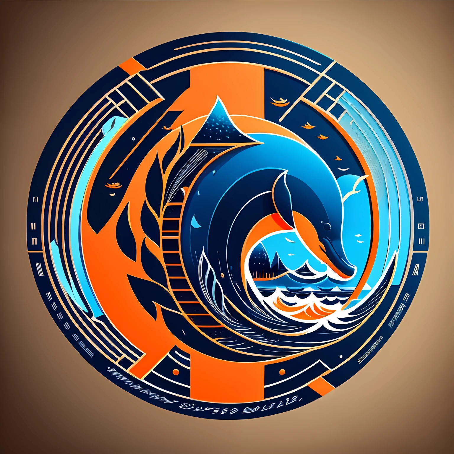 Logo with Harbour Bay Mouth text, Wave Line Art Logo, Black and Dark Blue Background, Bright Blue, Bright Orange, Minimum and Pure — Dolphin --auto --s2