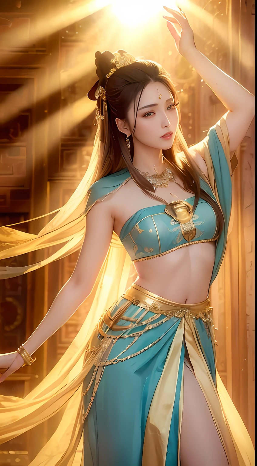 masterpiece, best quality, detailed, solo, torino aqua, mature female, dunhuang_cloths, detailed gold trim, lipstick, heavenly, outdoor, Immortal, dinvine, godlike, godrays, sun beams, brown hair, brown eyes, cowboy shot, expresslessness, light smile, arms up, detailed background, chinese building