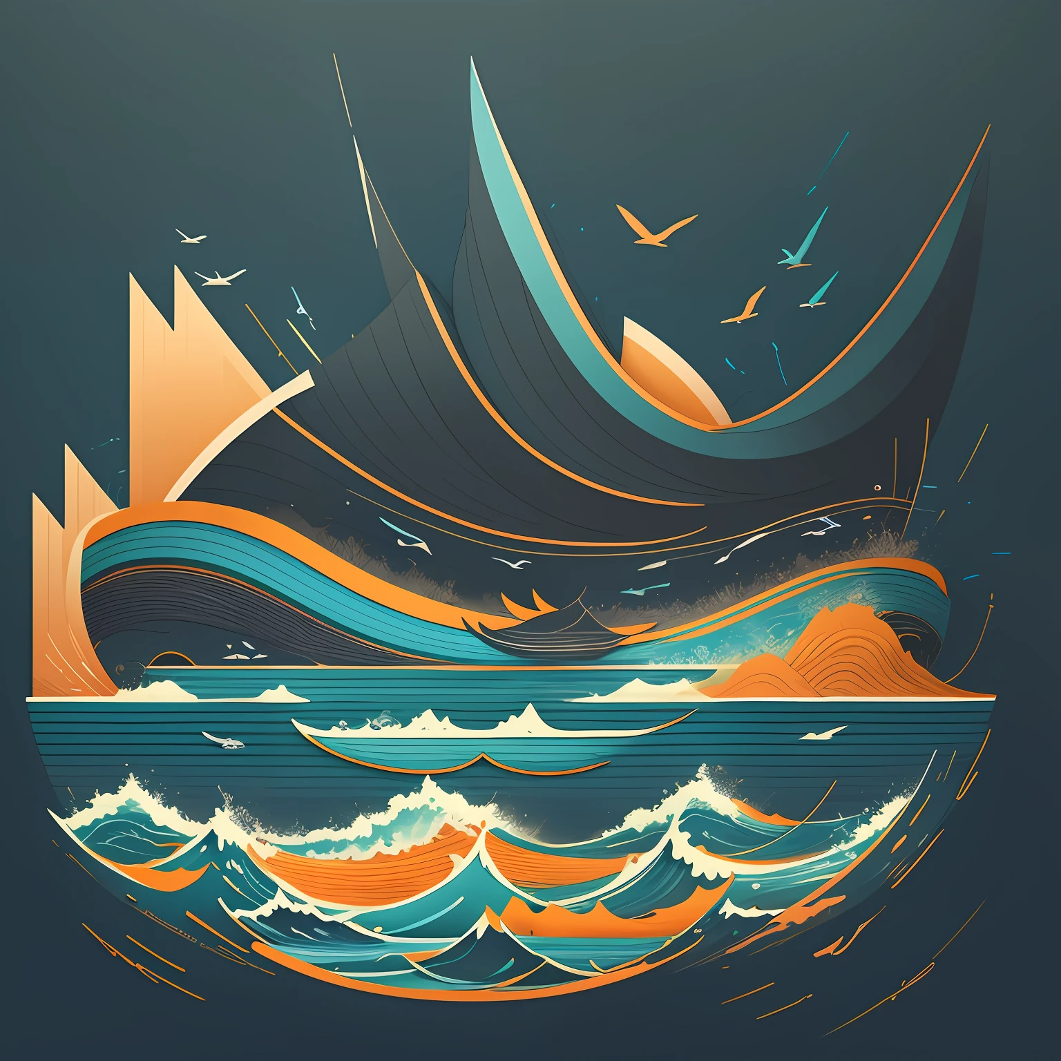 Logo with Harbour Bay Mouth text, Wave Line Art Logo, Black and Dark Blue Background, Bright Blue, Bright Orange, Minimum and Pure — Whale, Extremely Minimalist --auto --s2