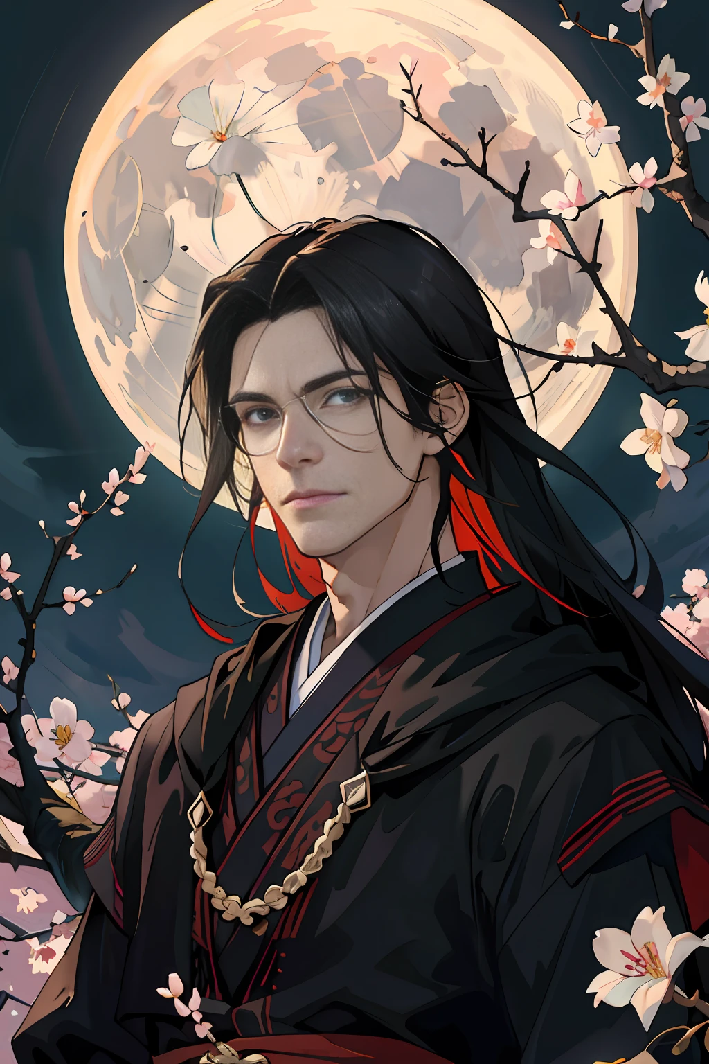 (absurdres, highres, ultra detailed) masterpiece, best quality, 1 male, adult, tall muscular, handsome, finely detailed eyes, intricate details, long black hair, brown eyes, intricate details, fantasy, night, (dark theme), cinematic lighting, colorful, portrait, plum blossom, flying petal, Flowery meadow, cloudy sky, building, moon, light, dutch angle, black hanfus, looking at camera